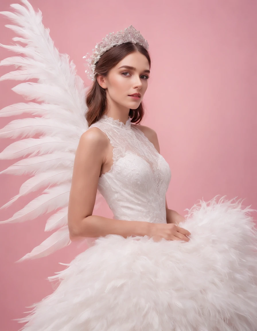 Beautiful girl wearing white colored dress on pink background, style made of feathers, futuristic victorian era, collage style layering, focus stacking, layered form, textured fabric, oversized object, in heaven, time magazine photography , (upper body)