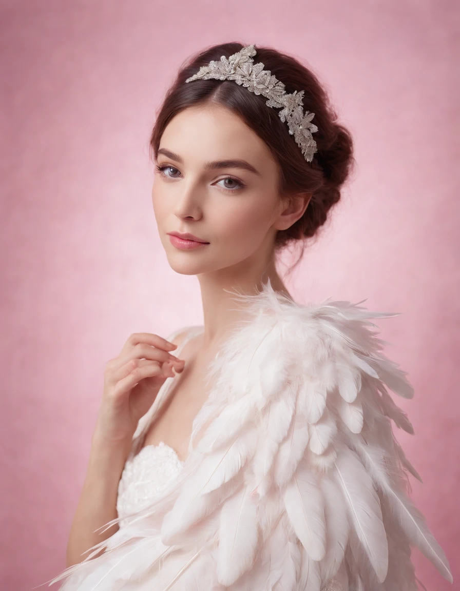 Beautiful girl wearing white colored dress on pink background, style made of feathers, futuristic victorian era, collage style layering, focus stacking, layered form, textured fabric, oversized object, in heaven, time magazine photography , (upper body)