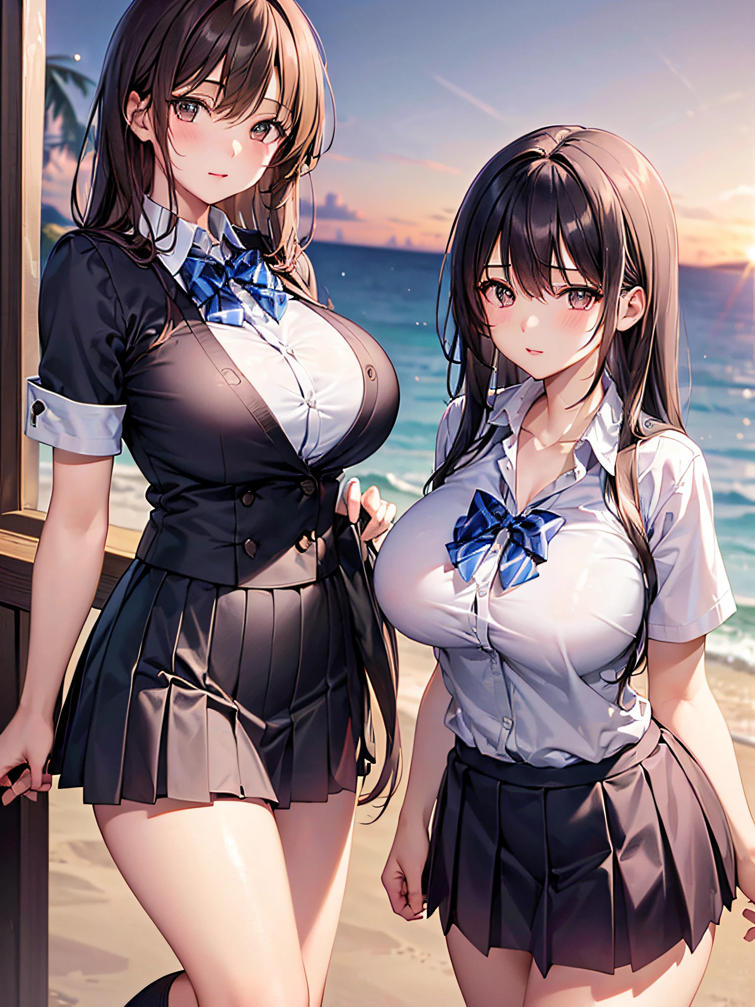 (ung girls), (best quality), (ultra-detailed), (detailed light), (an extremely delicate and beautiful), brown hair, brown eyes, model, (Beautiful big breasts:1.3), bare shoulders, (bare breasts:1.2), (hi-school uniform, pleated skirt:1.3), (hi-school uniform with wide open breasts:1.4), best quality, extremely detailed CG unified 8k wallpaper, High-definition raw color photos, professional photography, (((Bokeh))), depth of fields, beach, sea, twilight, sunset,