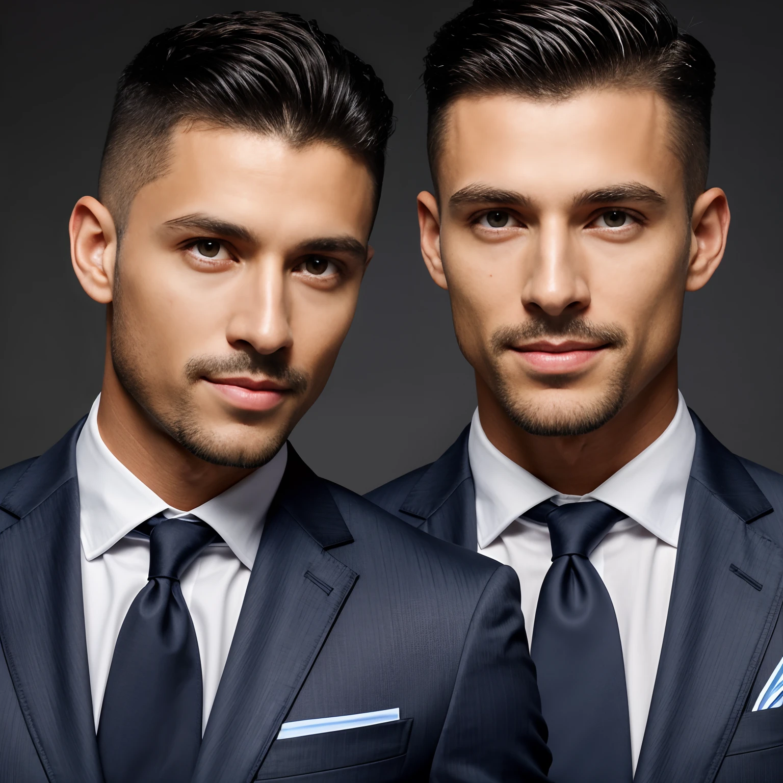 charlzcjm, headshot, (jacked charlzcjm, bright hazel green eyes), (curly low fade haircut:1.14), (sunburned skin, 5 o'clock shadow) ((smirking, buff)), detailed face, detailed iris, full lips, ((cute, wearing a modern luxury dark navy blue suit, pocket handkerchief, buff, wavy low fade haircut)), ((grey background, symmetrical facial features)), intricate details, studio lighting, 80mm, portrait, shallow depth of field, CEO, smirking, happy