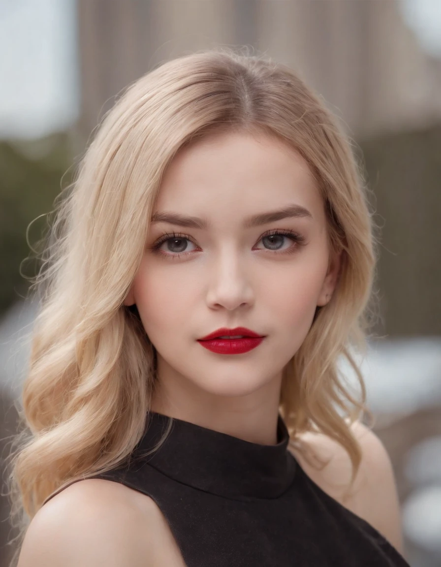 (8k, 4k, best quality, highres, ultra high res:1.1), (masterpiece, realistic, photo-realistic:1.1), 1girl, face, close-up,Smoky eyes, blonde hair, black eyes, red lips, Eyeliner, hot girl,(looking at viewer:2), absurdly long hair, long eyelashes, eyeshadow, small face, big eyes,bare shoulders,high contrast,
