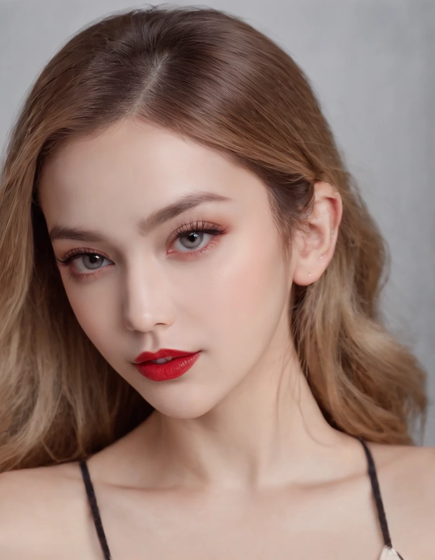 (8k, 4k, best quality, highres, ultra high res:1.1), (masterpiece, realistic, photo-realistic:1.1), 1girl, face, close-up,Smoky eyes, blonde hair, black eyes, red lips, Eyeliner, hot girl,(looking at viewer:2), absurdly long hair, long eyelashes, eyeshadow, small face, big eyes,bare shoulders,high contrast,