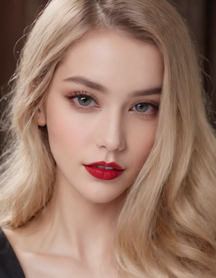 Red make-up,  red lipstick, slicked back Blond hair, Detailed Face, Detailed Lips, Detailed Eyes, 