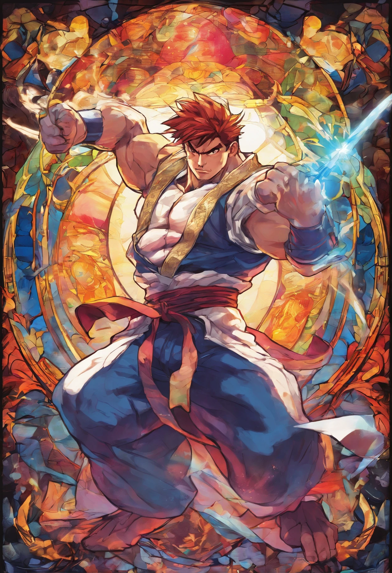 Hero of light, portrait shot, holding a shimmering sword into air, stained glass portrait, extremely detailed, absurdes