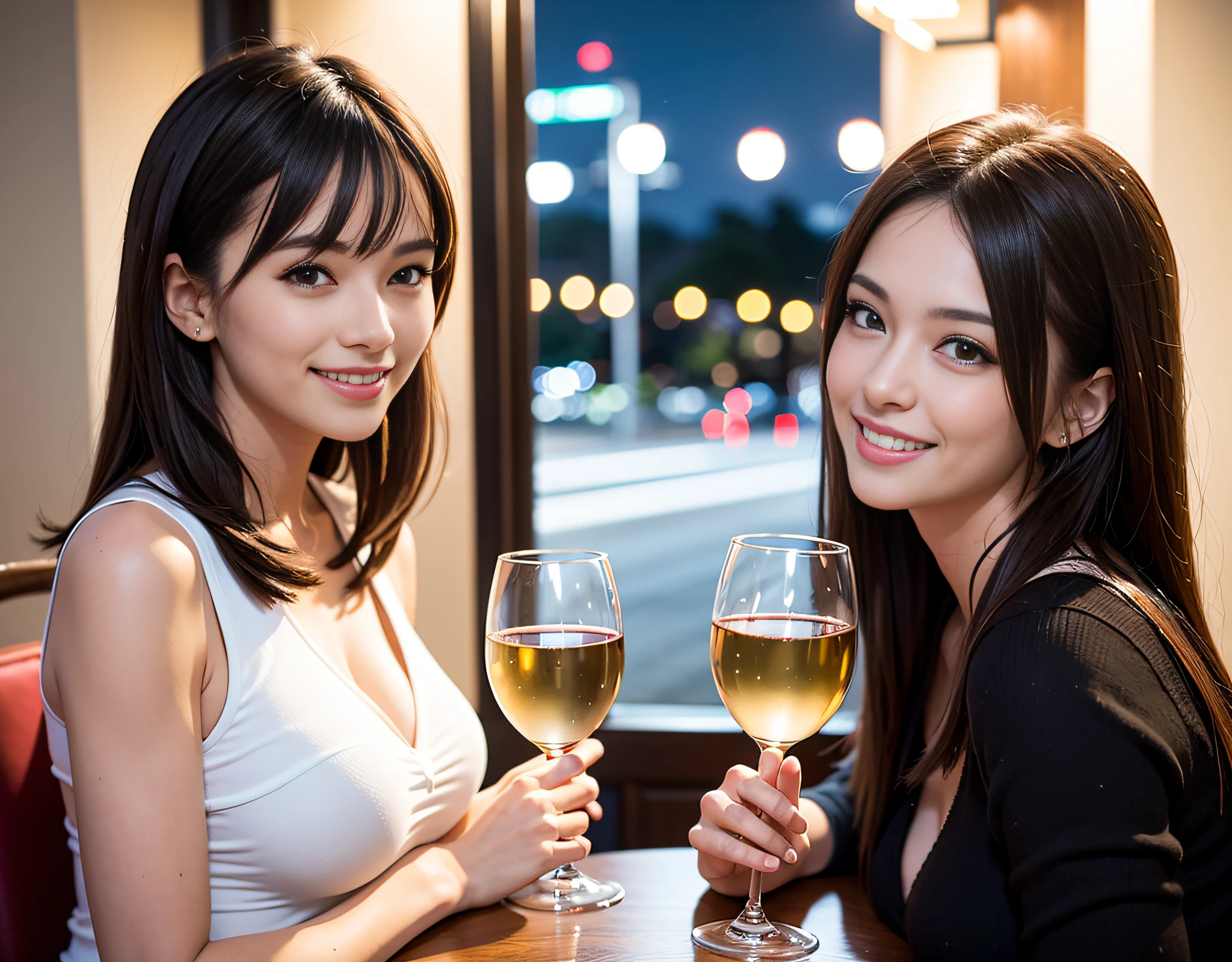(64K, UHD, top quality, masterpiece: 1.2), (realistic, photorealistic: 1.37), super detailed, pretty woman 1 person, (slim face), (slim body), (brown hair), (short cut), cheeks slightly blushing, (44 years old), 38 years old, solo, beautiful detailed urban night view outside the window, restaurant, wine glasses sit, at night, in a prominent placeNovaFrogStyle, Actress, Model, Waist Up, White Wine, Slim, Wine Glass, Super Clean Night View, Wine Glass Put in the Middle, Happy Smile, (Smile: 1.15), Beautiful Fine Eyes, Upper Body, Bust Japan Up, Night, Short, Short, Actress, Model, Waist Up, White Wine, Slim, Wine Glass, Super Clean Night View, Wine Glass Put in the Middle, Happy Smile,