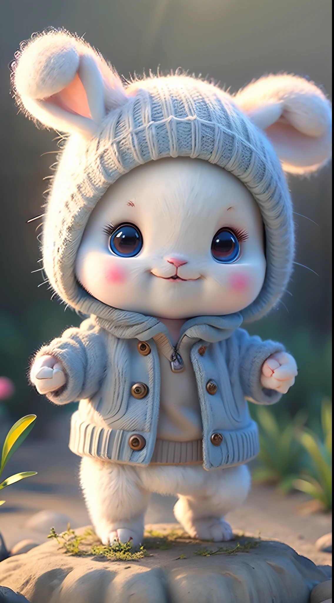 Cute Bunny, smiley, Pixar, furry art, Anime, Background with:fullmoon, Character, outfit,blue clothing