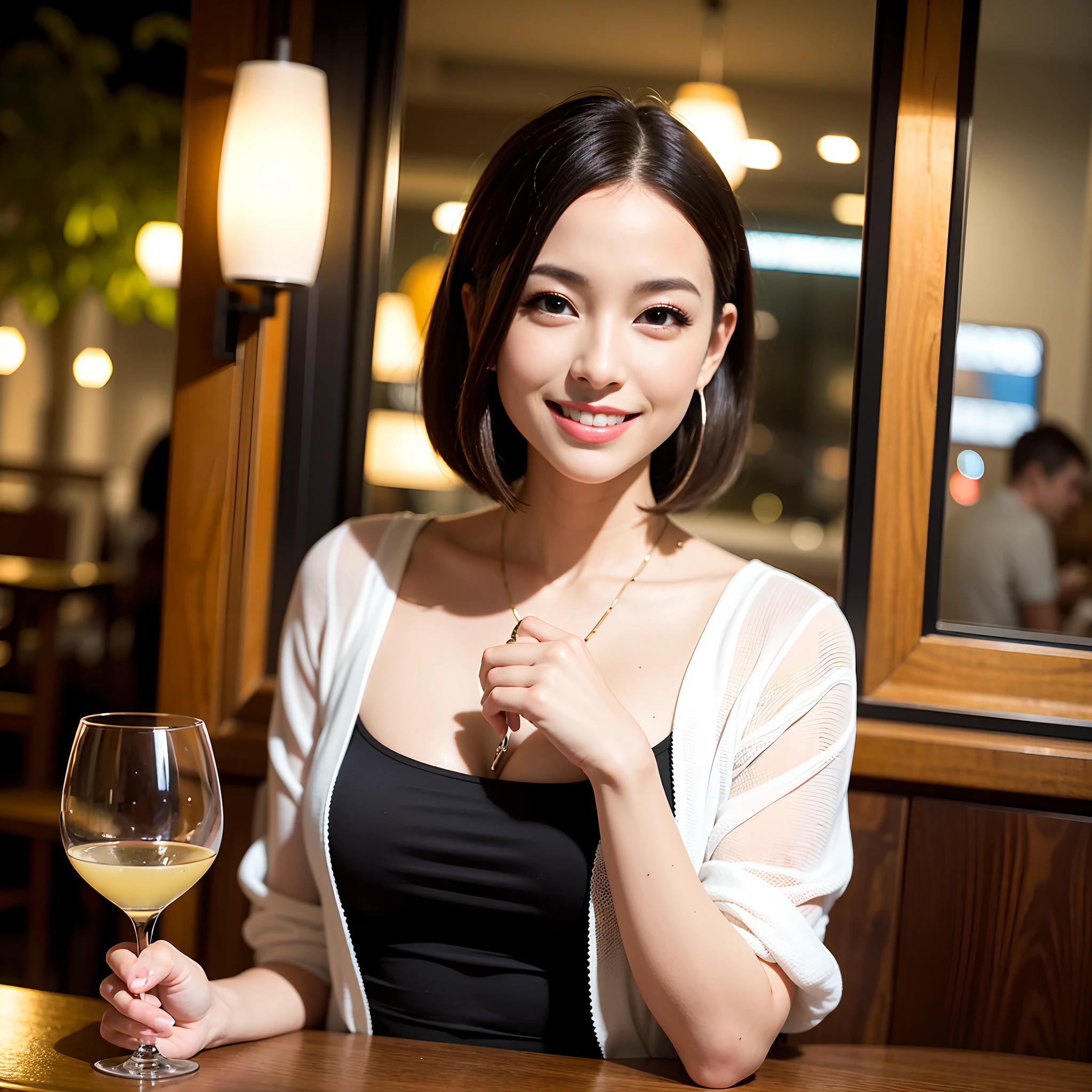 ((Highest quality、8K、masterpiece:1.3))、1 male、1 female、Couple、spouse、Couple、The body is slim、((Bob Hale、Straight hair:1.2)), (Realistic, Intricate details:1.2), テーブルの上のwine glass、Shine light on your face、 Amazing view of the sunset sky and clouds、Amazing mountain views、A bright smile、The wonderfulness of smile、Bright image、The beauty of wine, Beautiful Face, blue eyes, The light shines on your face, Blushing, short hair,Bright Face、 (Age 37), 39 years old, red wine 、Appetizers、Italian food、Wine bottle、Champagne、sparkling wine、Two beauties、Brown Hair、Shortcuts、Long sleeve shirt、dress、Beautiful woman 1, (slimな顔), (The body is slim), (Brown Hair), (Shortcuts), cheeks turn a little red,Attractive beauty、restaurant, In a prominent place (From the waist up) Nova Frog Style, actress, model, Upper Body, White wine, slim, wine glass, 中央に置かれたwine glass, smile, (smile: 1.15), Beautiful fine grain, Depth f/2,saturation, High Contrast, Strong light and shadow,Moist Body:1.5、3D texture、Delicate eyes、Brown Hair、The hair is very shiny、