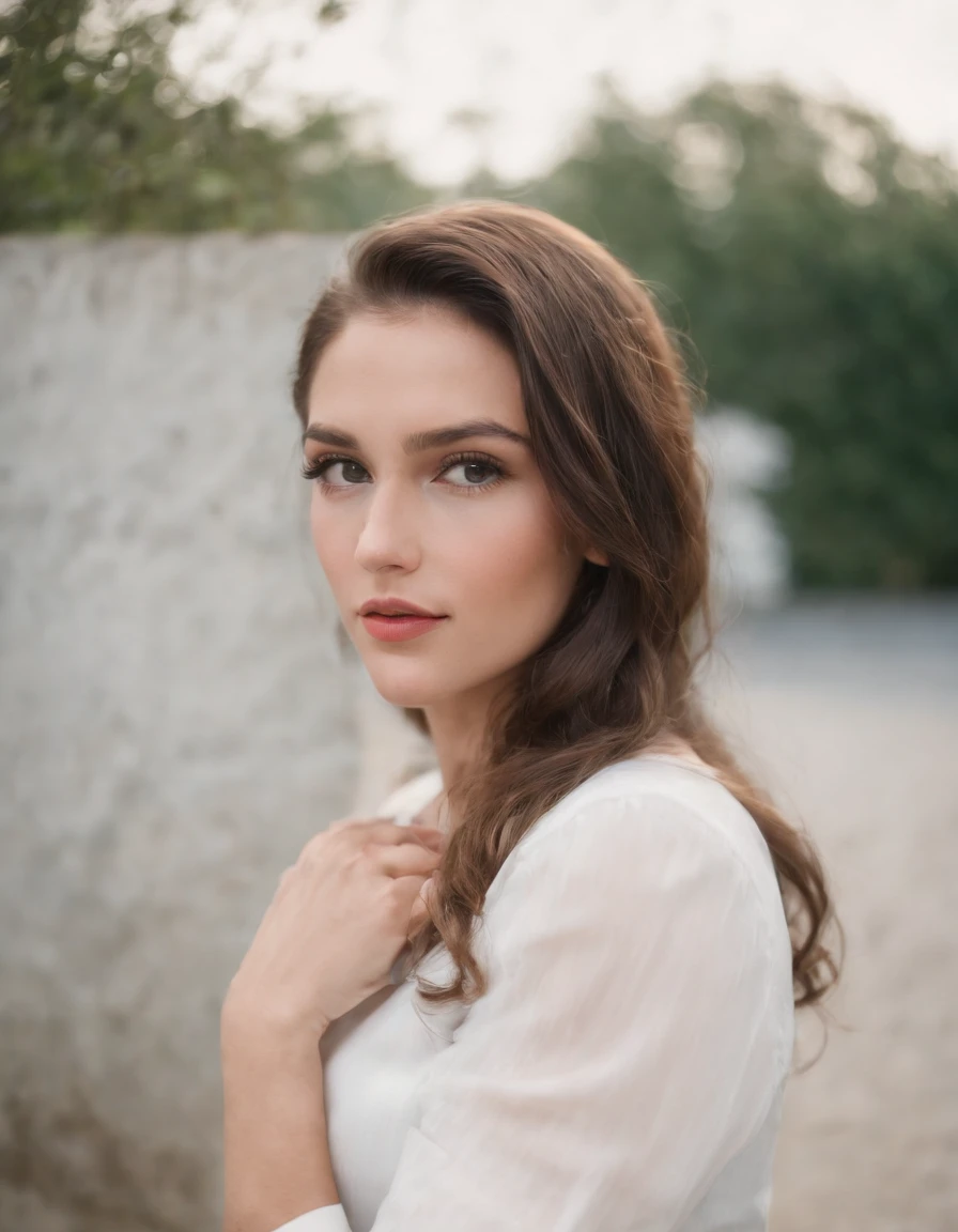 Cassady McClincy, 18 anos , com cabelo long bob PRETO, olhos verdes vivos e puxados, dress in white suit and DISCREET tailoring pants and rich pose WITH ARMS CROSSED, cabelos longos castanhos, zeiss planar t* 80mm f/2.8, kodak portra, uhd image,