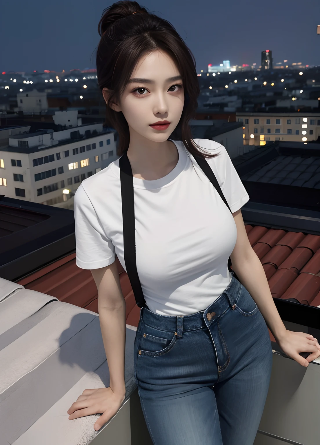 ((Midnight, Best quality, 8k, Masterpiece :1.3)), Whole body, Long legs, Sharp focus :1.2, A pretty woman with perfect figure :1.4, Slender abs :1.1, ((Dark brown hair, Big breasts :1.2)), (White tight tshirt, Jean bib, Standing:1.2), ((Night city view, Rooftop:1.3)), Highly detailed face and skin texture, Detailed eyes, Double eyelid