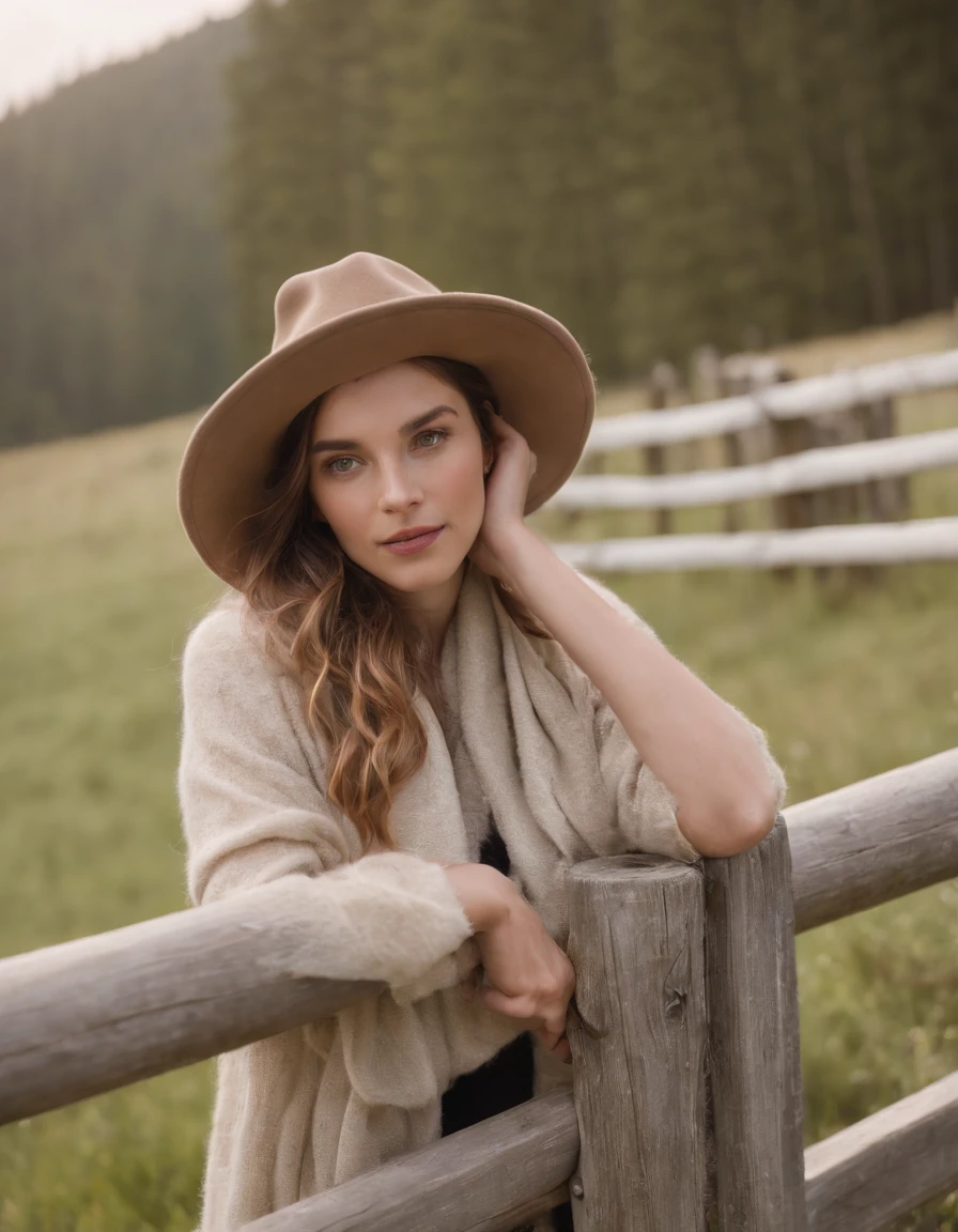 woman in a prairie hat and a scarf leaning on a fence, in the style of calm and meditative, whistlerian, eco-friendly craftsmanship, alex hirsch, strong emotional impact, i can't believe how beautiful this is, pastoral， zeiss planar t* 80mm f/2.8, kodak portra, uhd image,