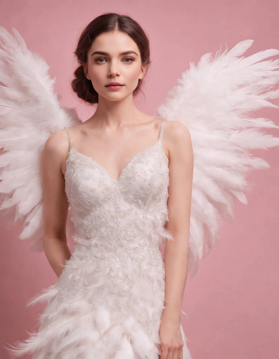Beautiful girl wearing white colored dress on pink background, style made of feathers, futuristic victorian era, collage style layering, focus stacking, layered form, textured fabric, oversized objects, feather wings, cartoon stars lights , Time Magazine Photography, (upper body)