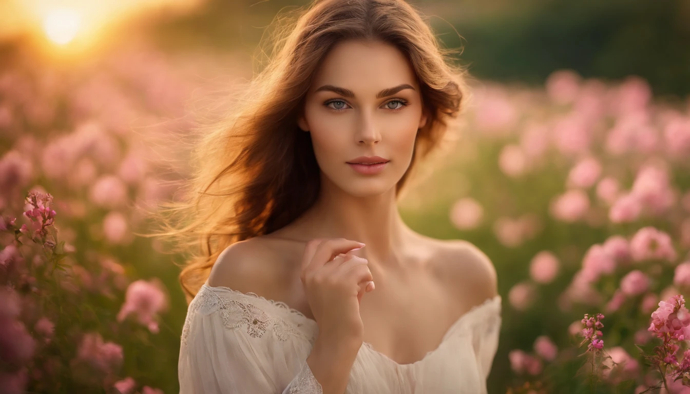 (best quality,masterpiece:1.2),ultra high resolution:1.37,photorealistic:1.4,raw photo,long brown hair,silky smooth hair,natural waves,beautiful detailed eyes,beautiful detailed lips,soft and glowing skin,slight smile,white dress,bare shoulders,field of pink flowers in bloom,fresh green grass,tall and slender stems,sunlit landscape,warm sunlight casting golden hues,faint flower fragrance,serene and peaceful atmosphere,vibrant colors,harmonious composition,single girl standing in the center,gentle breeze playing with her hair,dreamy and ethereal feel,pure and innocent expression