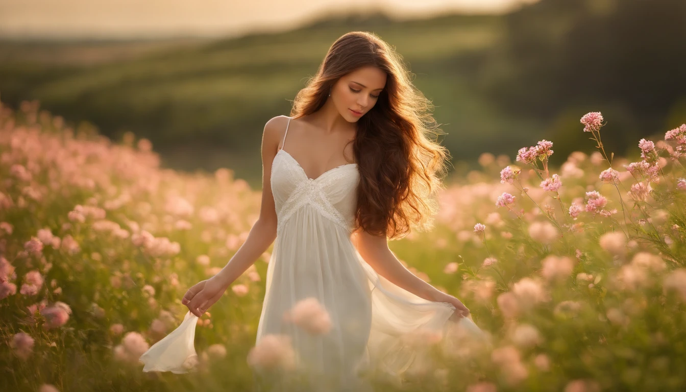 (best quality,masterpiece:1.2),ultra high resolution:1.37,photorealistic:1.4,raw photo,long brown hair,silky smooth hair,natural waves,beautiful detailed eyes,beautiful detailed lips,soft and glowing skin,slight smile,white dress,bare shoulders,field of pink flowers in bloom,fresh green grass,tall and slender stems,sunlit landscape,warm sunlight casting golden hues,faint flower fragrance,serene and peaceful atmosphere,vibrant colors,harmonious composition,single girl standing in the center,gentle breeze playing with her hair,dreamy and ethereal feel,pure and innocent expression