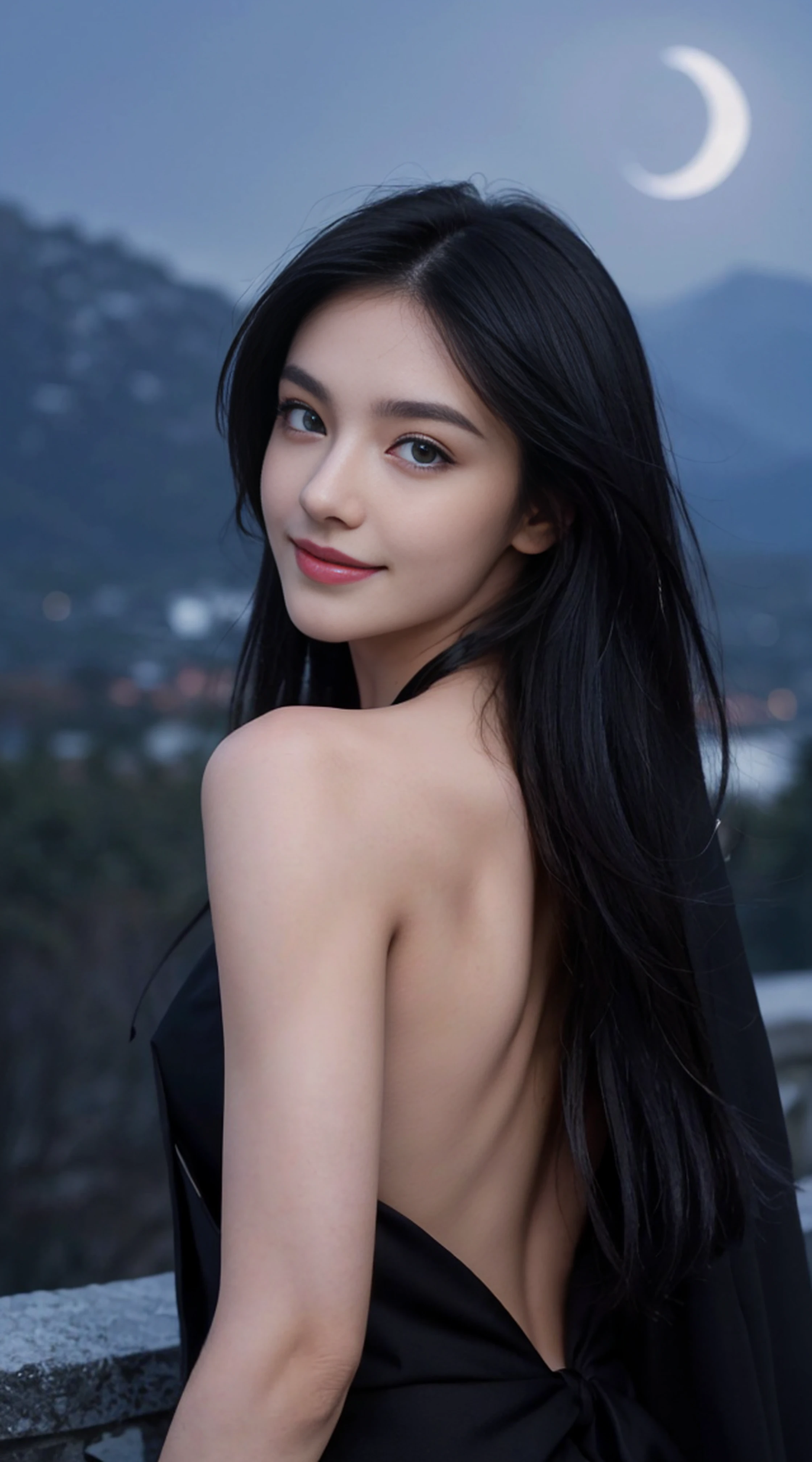 8K, Top Quality, Intricate Details, Ultra Detail, Ultra High Resolution, Masterpiece, random angle, Slender, Smile, (Makeup: 0.4), (Fluffy Blue Eyes: 1.21), blue Eyes, looking at viewer, ((full body)), 1girl, solo, 1 girl, (( full body)), Extreme close-up shot, running , ((tall)), (((fit body))), (((slim face))), sharp face, sharp eyes, (((black hair, long hair, )) (detailed face), sharp face, small lips,
(( naked )), detailed face, detailed breast, , large breast, detail ass, , Beautiful girl with accentuated slender abs: 1.4, Six Pack Abs: 1.4, Bust Botox, Big, Perfect Body, detail leg, (( moonlight)), top of mountain