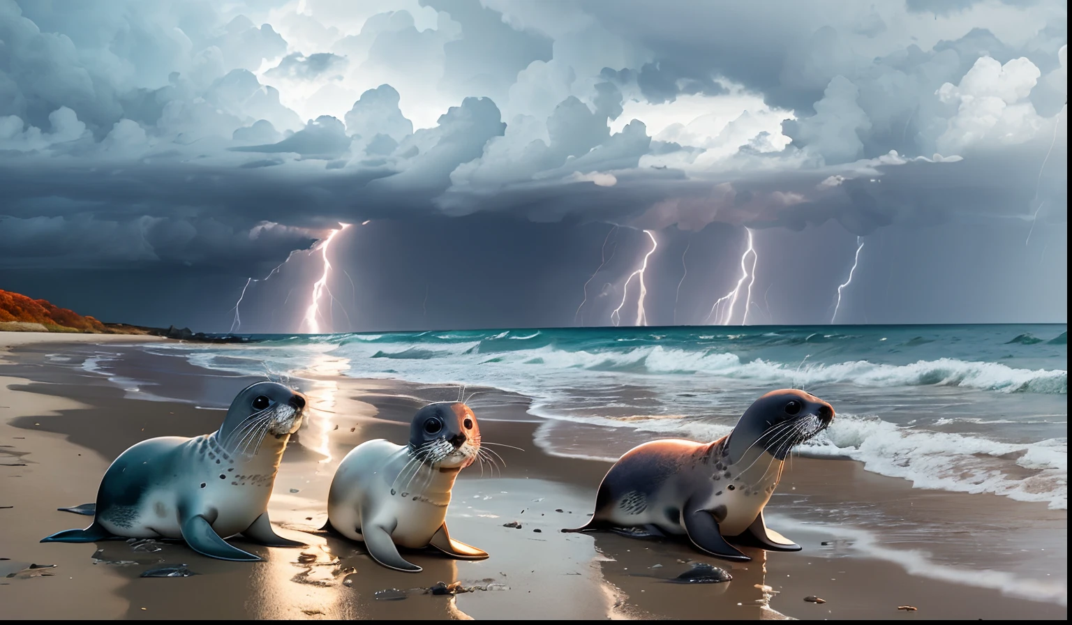 baby seals on the beach during an autumn storm. --auto --s2