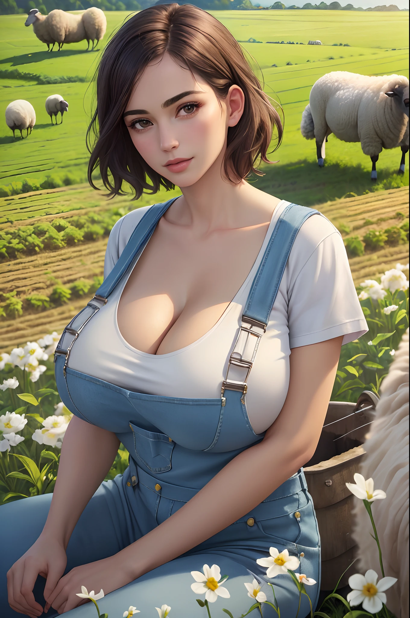 (masterpiece:1.2), (best quality:1.2), extremely detailed, (beautiful face), (perfect face), (perfect hands), (photorealistic:1.3), highres, short hair, cleavage, deep skin, outdoors, village, (massive breasts:1.2), (gigantic breasts:1.2), farmer, in field, farming, overalls, white t-shirt, looking to the side, sheep, on stomach, lying