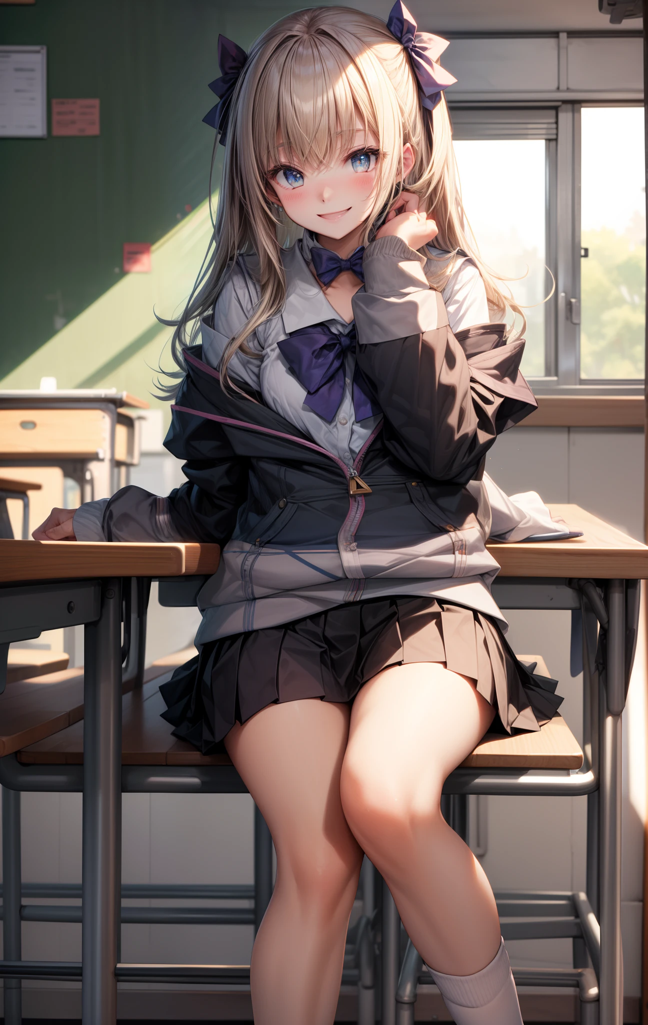 masterpiece, best quality, highres, hmarisu, long hair, hair bow, blue bow, serafuku, sailor collar, white shirt, skirt, classroom, sitting, smile