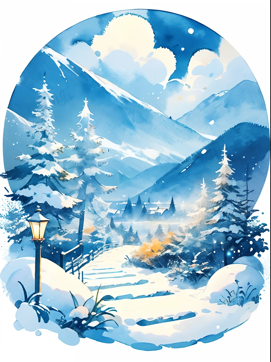 (((masterpiece))),best quality, whitetown, snow mountain, scenery, sky, outdoors, watercolor (medium), traditional media,