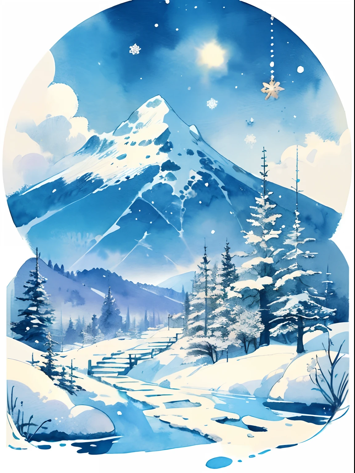 (((masterpiece))),best quality, whitetown, snow mountain, scenery, sky, outdoors, watercolor (medium), traditional media,