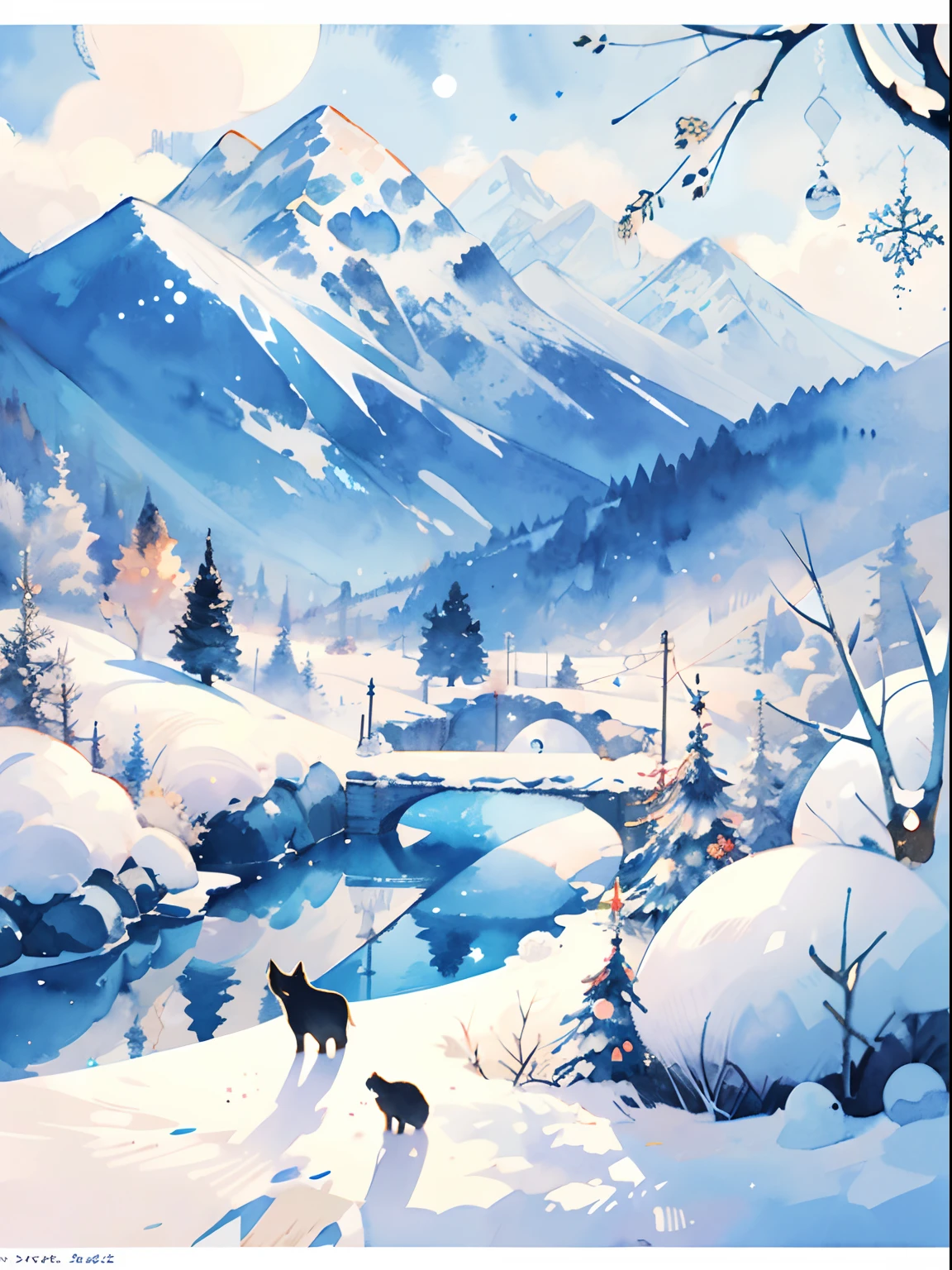 (((masterpiece))),best quality, whitetown, snow mountain, 1 white wolf, scenery, sky, outdoors, watercolor (medium), traditional media,