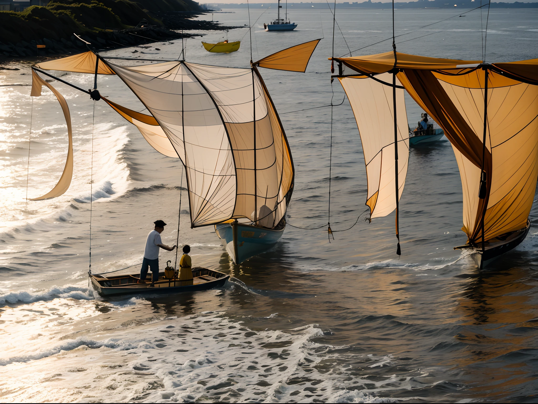 setting sun,the sea,That sea in my heart,Kasumigaura scenery,cage,Fishermen and fishing boats,On the lower left, 2 people pull the net high
