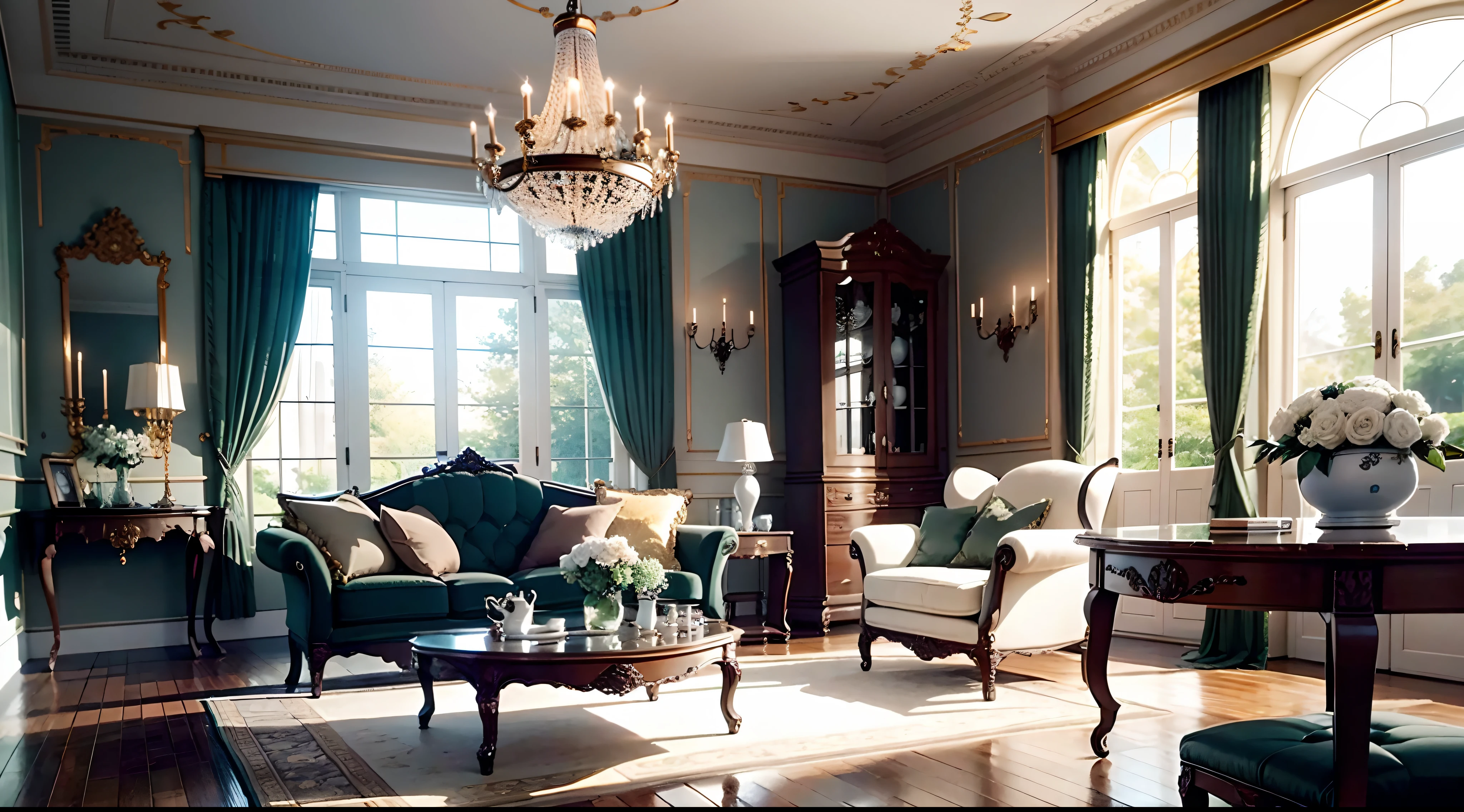 Living room layout：This French living room is spacious and sophisticated，Full of romantic and classical atmosphere。There is a fine marble round table in the center of the room，On it were placed vases and some delicate porcelain。It is surrounded by Victorian furniture，Such as a sofa、Armchair and coffee table，All are fine antiques。

Decorative style： The walls are decorated with elaborate French frescoes and frames，Give the room an artistic atmosphere。The ceiling has exquisite floral ornaments and crystal chandeliers，Casts a soft light，Illuminate the entire room。

Color and material：The main colors of the room are light blue and cream，Creates a fresh and elegant atmosphere。The furniture and wooden floors are made of dark wood，Contrast with the pale walls。Silk and suede materials are used on the fabric，Adds to the luxurious feeling of the room。

Curtains and windows：The tall windows are hung with ornate carved curtains，They can be pulled apart，Let sunlight flood the room，It can also be turned off，Keep it private。Outside the window is a well-manicured French garden，Picturesque view。

Detail decoration： The interior is full of small French ornaments，Such as small sculptures、chinaware、Candle holders and vases，All exude classical charm。

Ambient：This French living room creates warmth、Romantic and cozy atmosphere，It's casual reading、The perfect place to enjoy a good meal or spend time with friends。