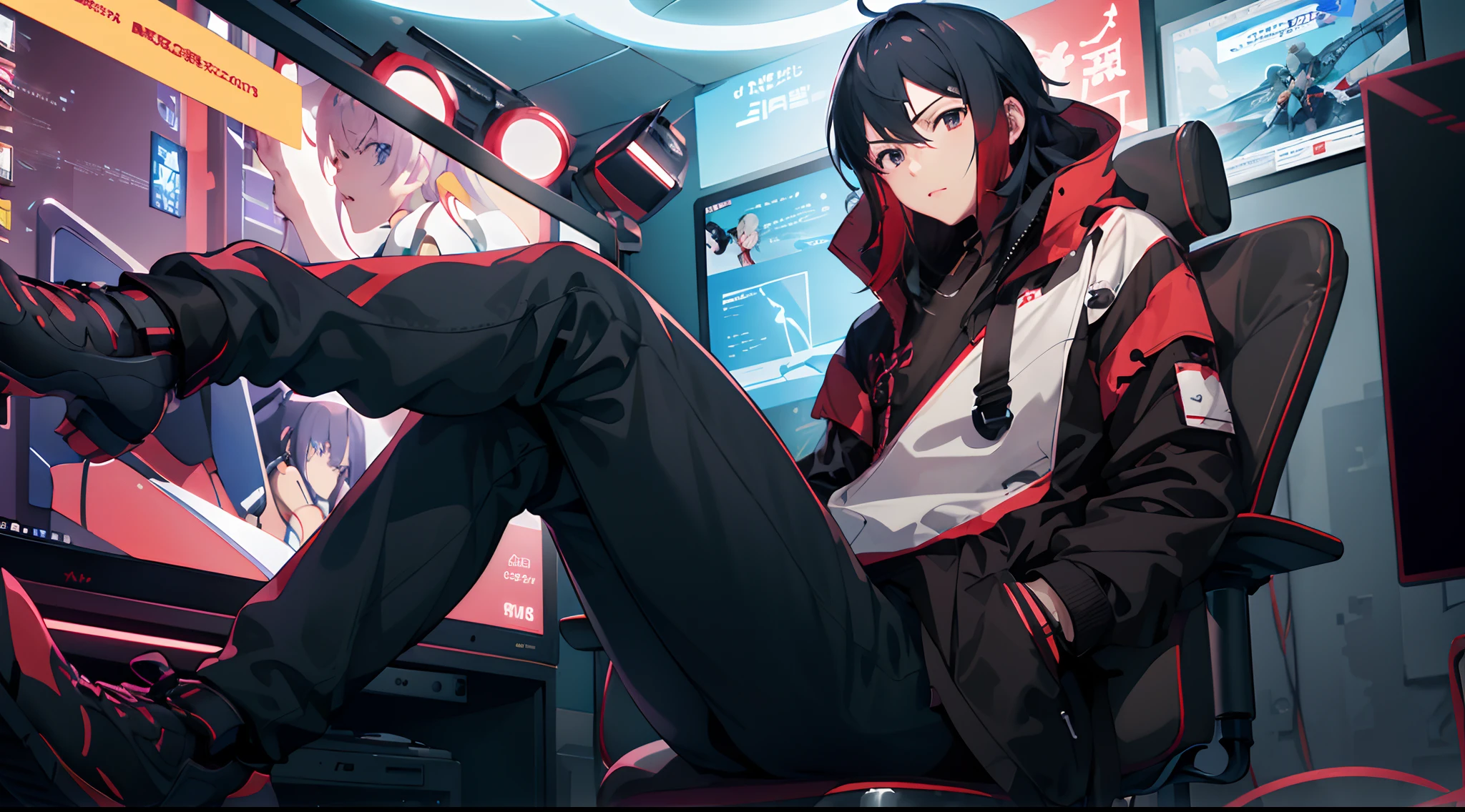 anime - style image of a man sitting in a chair in front of a computer, best anime 4k konachan wallpaper, badass anime 8 k, anime style 4 k, anime art wallpaper 8 k, digital cyberpunk anime art, 4k anime wallpaper, anime art wallpaper 4 k, anime art wallpaper 4k, anime wallpaper 4k, anime wallpaper 4 k
