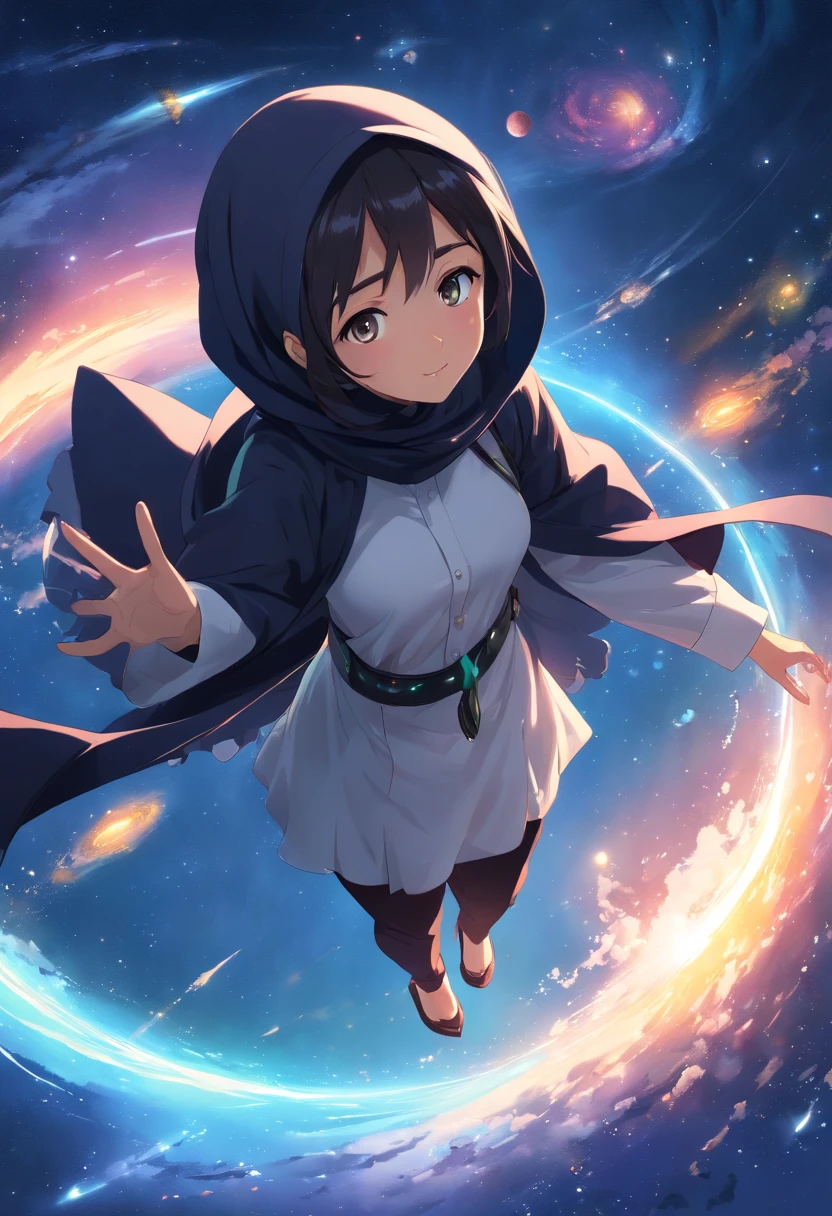 ridiculous resolution, high resolution, (masterpiece:1.4), super detailed, hijab girl, black hijab, white shirt, seen from above, blackhole, space, floating, --v 6