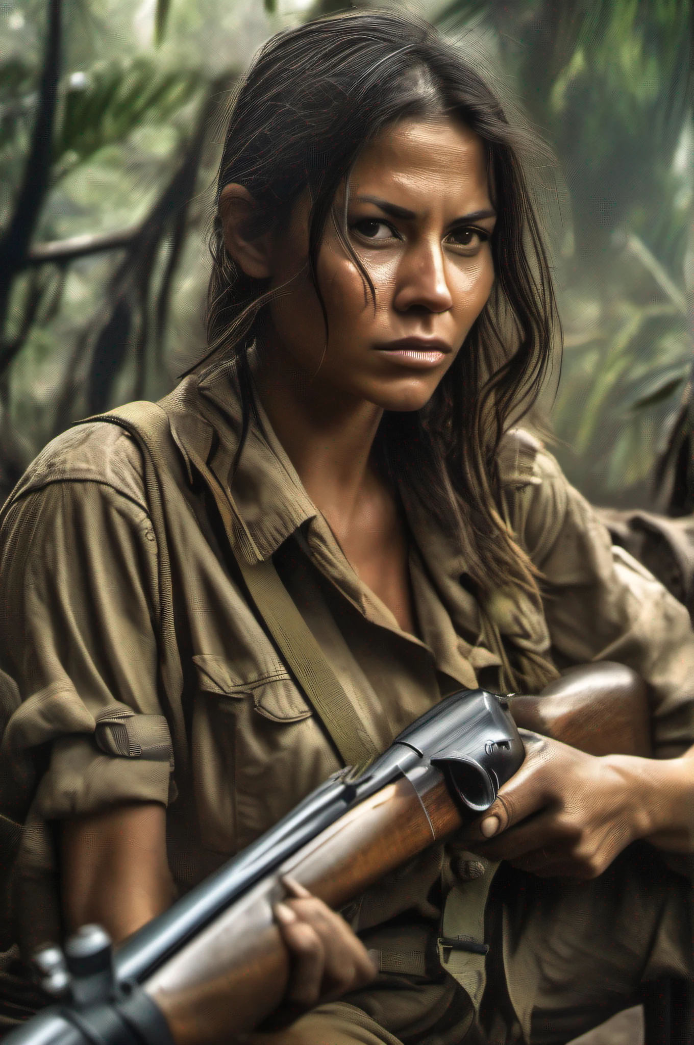 In the middle of the Amazon jungle, a woman, 30 years old, beautiful, Brazilian, dark, dirty and sweaty, dressed in dirty and worn safari clothes, opening fire with a rifle in her hand, expression of courage, hyperrealistic photography, high level of details and resolution