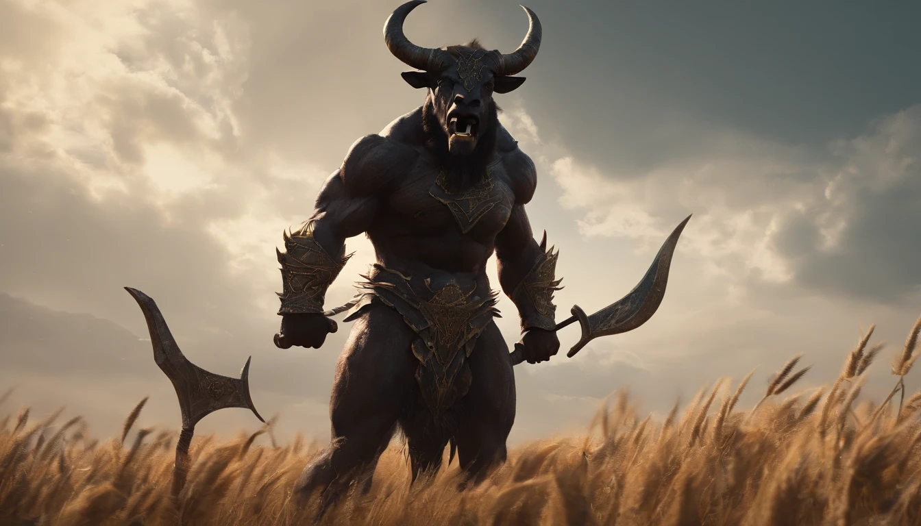 an Quority(Black minotaur:1.5),(A monster with a minotaur with a microphone:1.8),sense of strength,Cow with an axe standing in a wheat field,Painful expression,(The minotaur raised its head and roared into the sky:2),funk,shudder,Medieval landscape,Fantastical,4K,best qualtiy,primitive,((Ultra-detailed and high-precision details)),Power Hero & Magic 3,Fantastical,In the background are plain wheat fields,The scene is impressive,(Struggling in pain:1.8),break one's heart,Pained and uncomfortable expressions