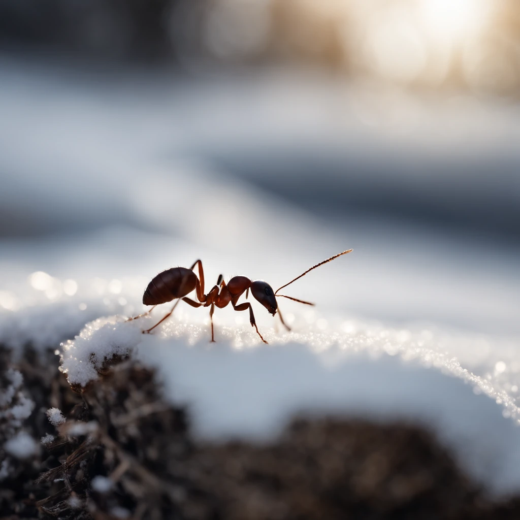 an ant on the snowy land