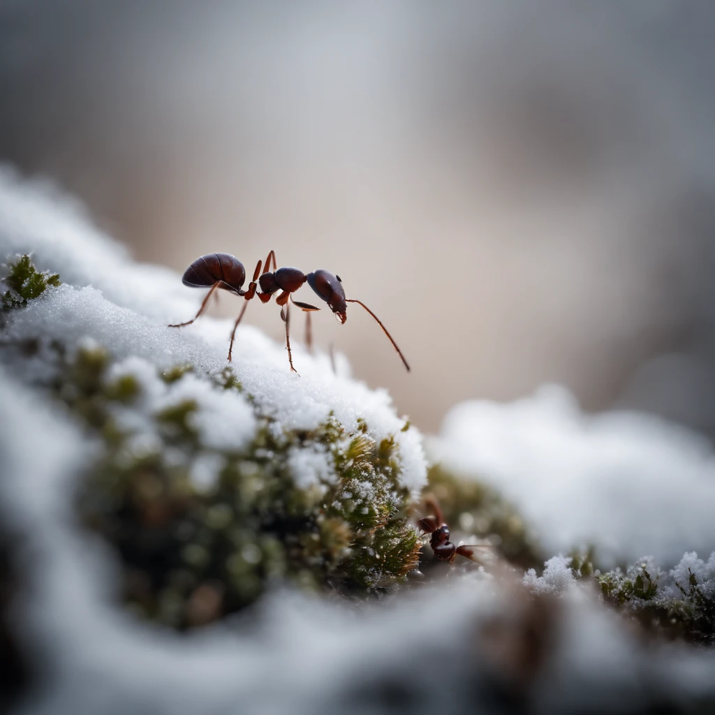 an ant on the snowy land