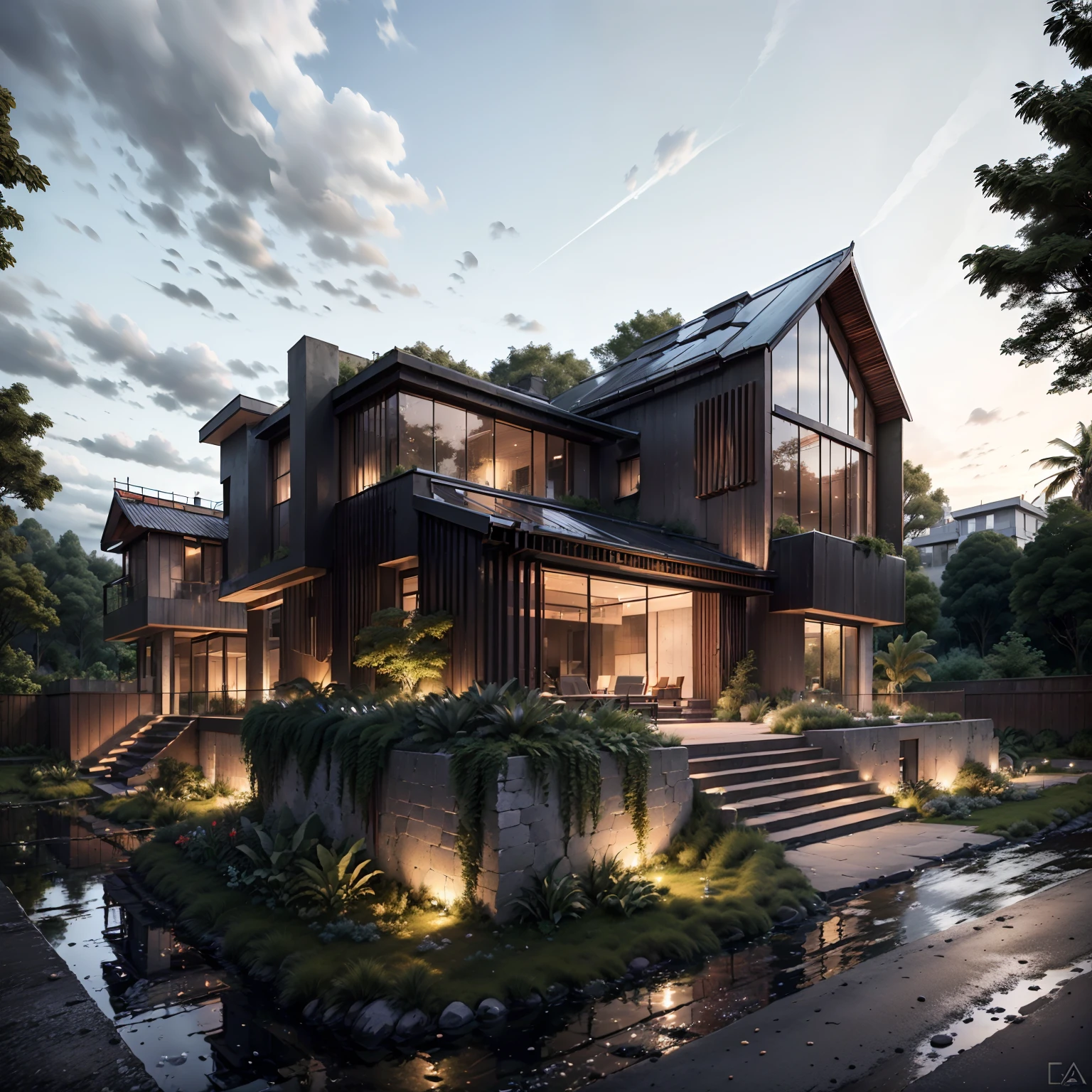 mordenhouse, house, glass house with a sloping roof, modern, dynamic (RAW photo, real, best quality, masterpiece:1.2), (hyper realistic, photo-realistic:1.2), high quality, (dark lighting:1.2), perfect lighting, archdaily