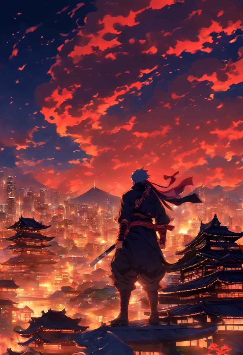 Gata ninja, profundidade de campo, master part, best quality, olhos azuis, On the rooftops of Japan, sozinho, Olhando para o Viewer, quimono, ninjitsu, luz lunar fraca, katana, shuriken, cachicol vermelho