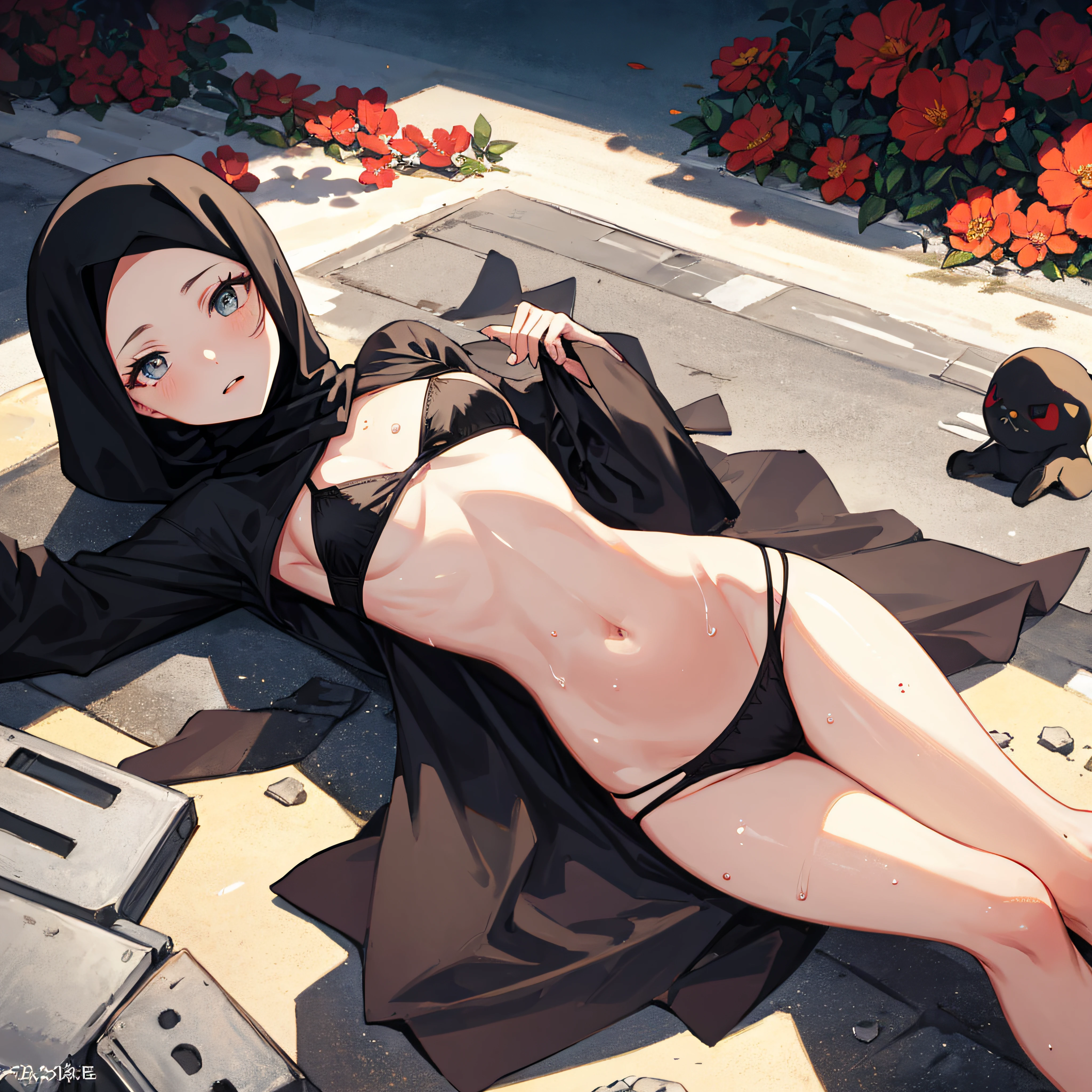 (masterpiece, best quality), city, in gank, 1girl, black hijab, bottomless, bluss, fuck,open panties, lying, warm, summer, vibrant colors, best lighting, best shadows, wet, hot.