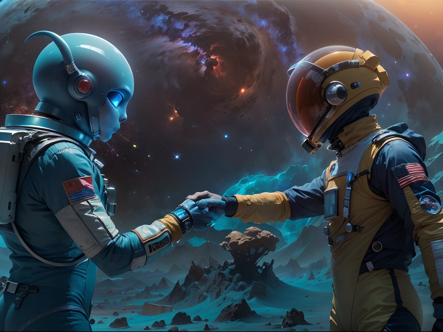 (A human man in a spacesuit shakes hands with a blue alien creature:1.2),（In the background is a mysterious red glowing planet）,Breathtaking and magnificent space image scenes.,The scene is highly-detailed,Clarity is extraordinary,Every intricate detail of the panorama is captured,((tmasterpiece)),((best qualtiy)),8K,high detal,((Masterpiece)), (Best quality))，