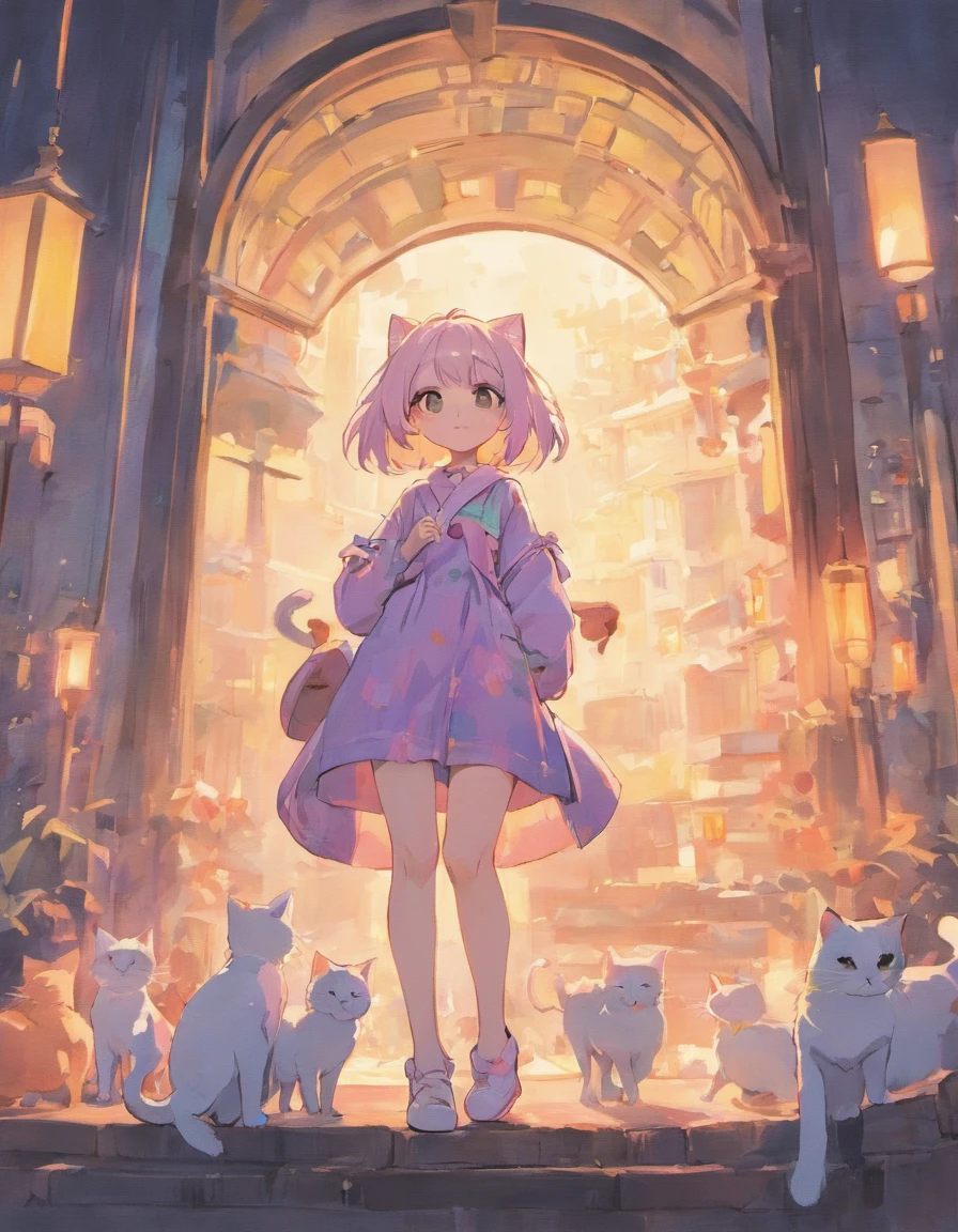 Cats（（Stay with the cat１.５））、full body Esbian、girl with、
(PastelColors:1.5)、(Cute illustration:1.5)、(watercolor paiting:1.2)、white  hair
