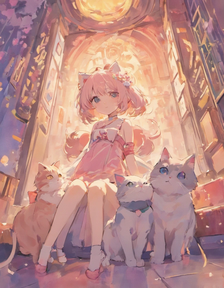 Cats（（Stay with the cat１.５））、full body Esbian、girl with、
(PastelColors:1.5)、(Cute illustration:1.5)、(watercolor paiting:1.2)、white  hair