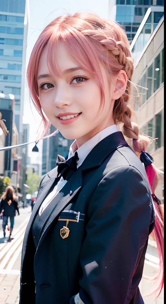 (ultra-detailliert), Tartan check jacket,high-school uniform、Blue eyes,The upper part of the body、a closeup、faces、(A smile:1.5),(facing front:1.2), 20yr old, teens girl,no tail,(no tail),2D, masterpiece, top-quality, animesque, A detailed eye, A detailed face, girl with, Only 1 person,Medium hair with pink hair, (Golden hair), Ear Hair, small tits, Single braid, (Single braid), (Side braid), Golden ribbon, Ribbon around the neck, Big city background