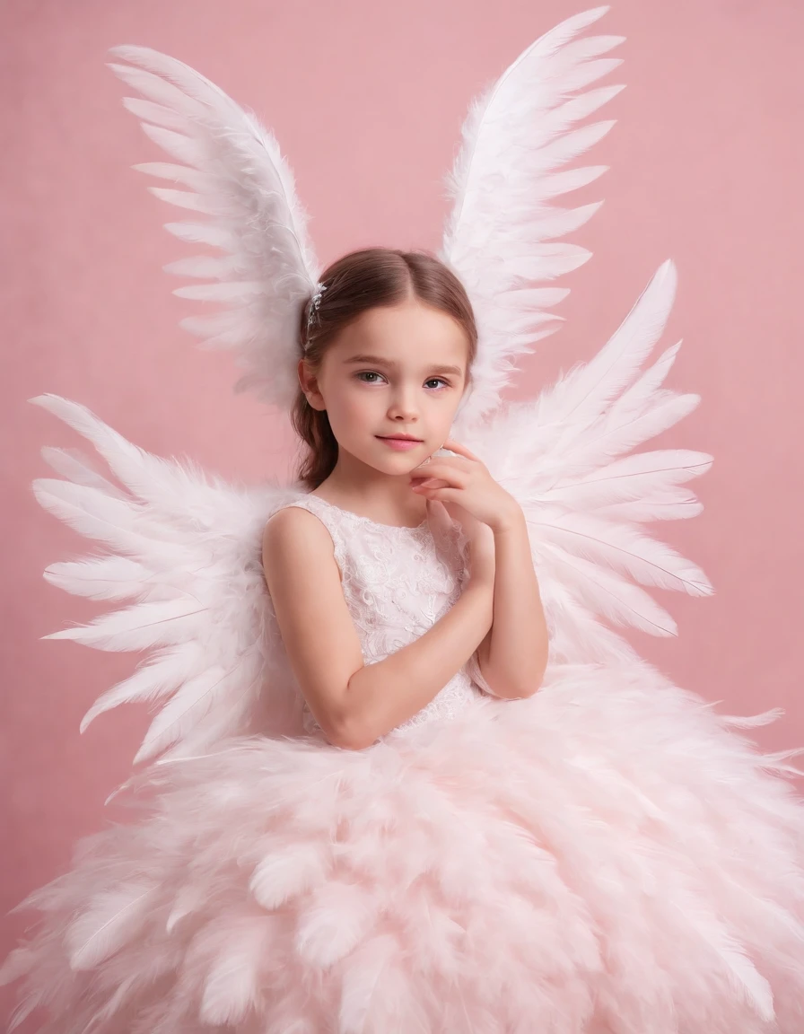 Child wearing white colored dress on pink background, style made of feathers, futuristic victorian era, collage style layering, focus stacking, layered form, textured fabric, oversized objects, feather wings, cartoon stars lights ,upper body