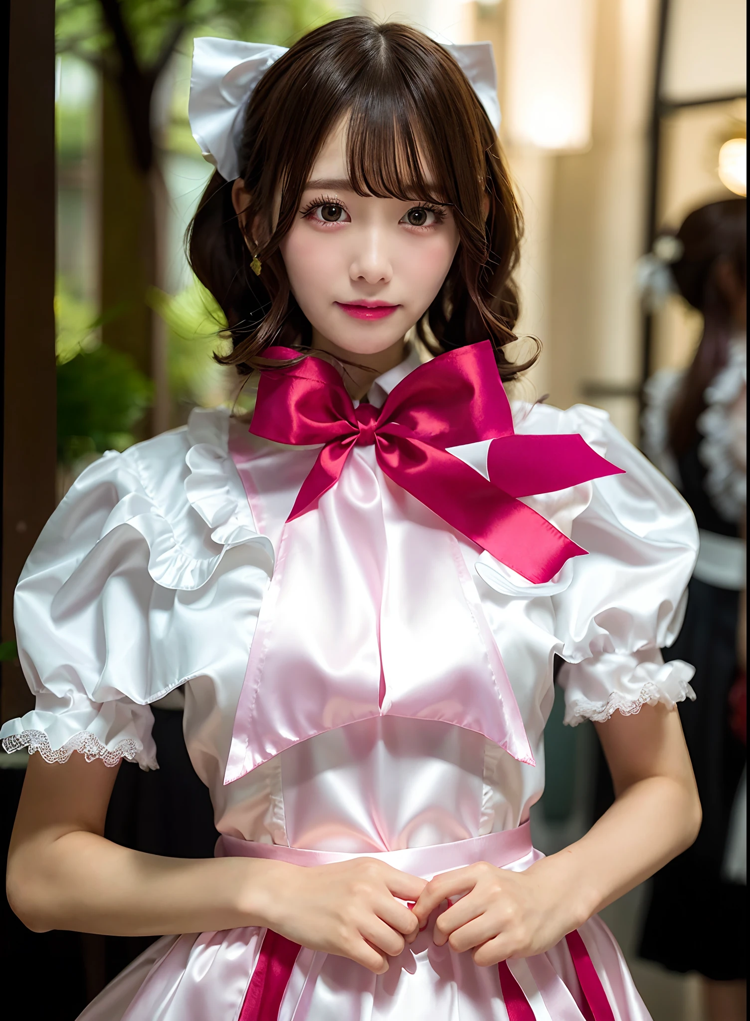 ulzzang -6500-v1.1, (Raw photo:1.2), (Photorealsitic), a beautiful detailed girl, (Real: 1.4), ighly detailedな目と顔, beatiful detailed eyes, lolita fashion women, ((Pink blouse with black ruffled lace、Black Ribbon Tie、Black Flare Mini Skirt、Moe Pose:1.3)), Standing, (Ultra-realistic pantyhose:1.2), game_nffsw, huge filesize, hight resolution, ighly detailed, top-quality, [​masterpiece:1.6], illustratio, ighly detailed, nffsw, finely detail, top-quality, 8k wallpaper, Cinematographic lighting, 1girl in, , perfect body type, cute droopy eyes beautiful big eyes、Pieckfinger, ((masutepiece)), Best Quality, 1girl in, eye shadow,  Idol makeup、Portrait, ((FULL BODYSHOT:1.4))、(Very affectionate smile:1.2)、realistic skin textures、shinny skin、Exposed thighs!!! ((Pink blouse with black ruffled lace、Black Ribbon Tie、Black Flare Mini Skirt))、dark brown hair、Braided hair、 (White Silk Sockabrick Ruffle Rack Strap Pumps)、(is standing), Streets of Akihabara