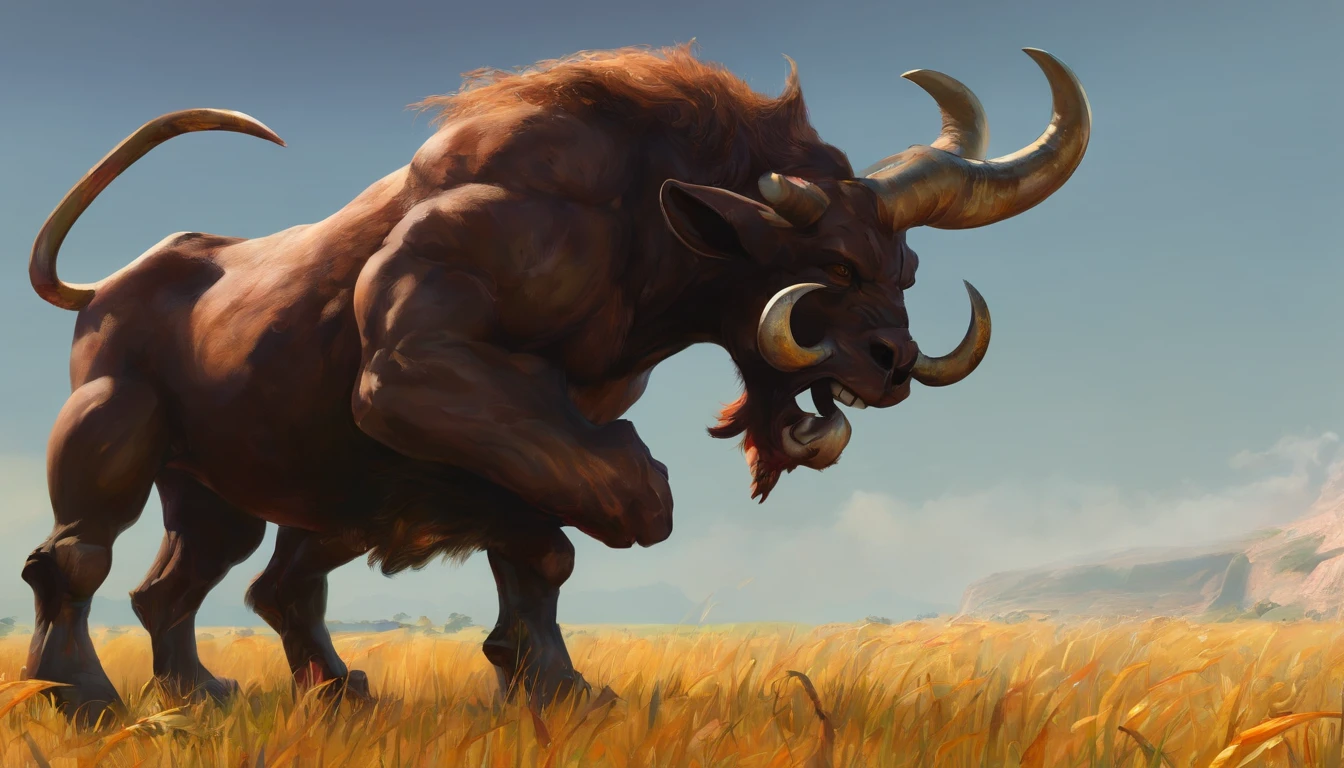 There is in the distance(Several)(Black minotaur:1.5),(They are monsters of minotaurs with tomahawks:1.8),sense of strength,Cow with an axe standing in a wheat field,Painful expression,(The minotaur raised its head and roared into the sky:2),funk,shudder,Medieval landscape,Fantastical,4K,best qualtiy,primitive,((Ultra-detailed and high-precision details)),Power Hero & Magic 3,Fantastical,In the background are plain wheat fields,The scene is impressive,(Struggling in pain:1.8),break one's heart,Pained and uncomfortable expressions,