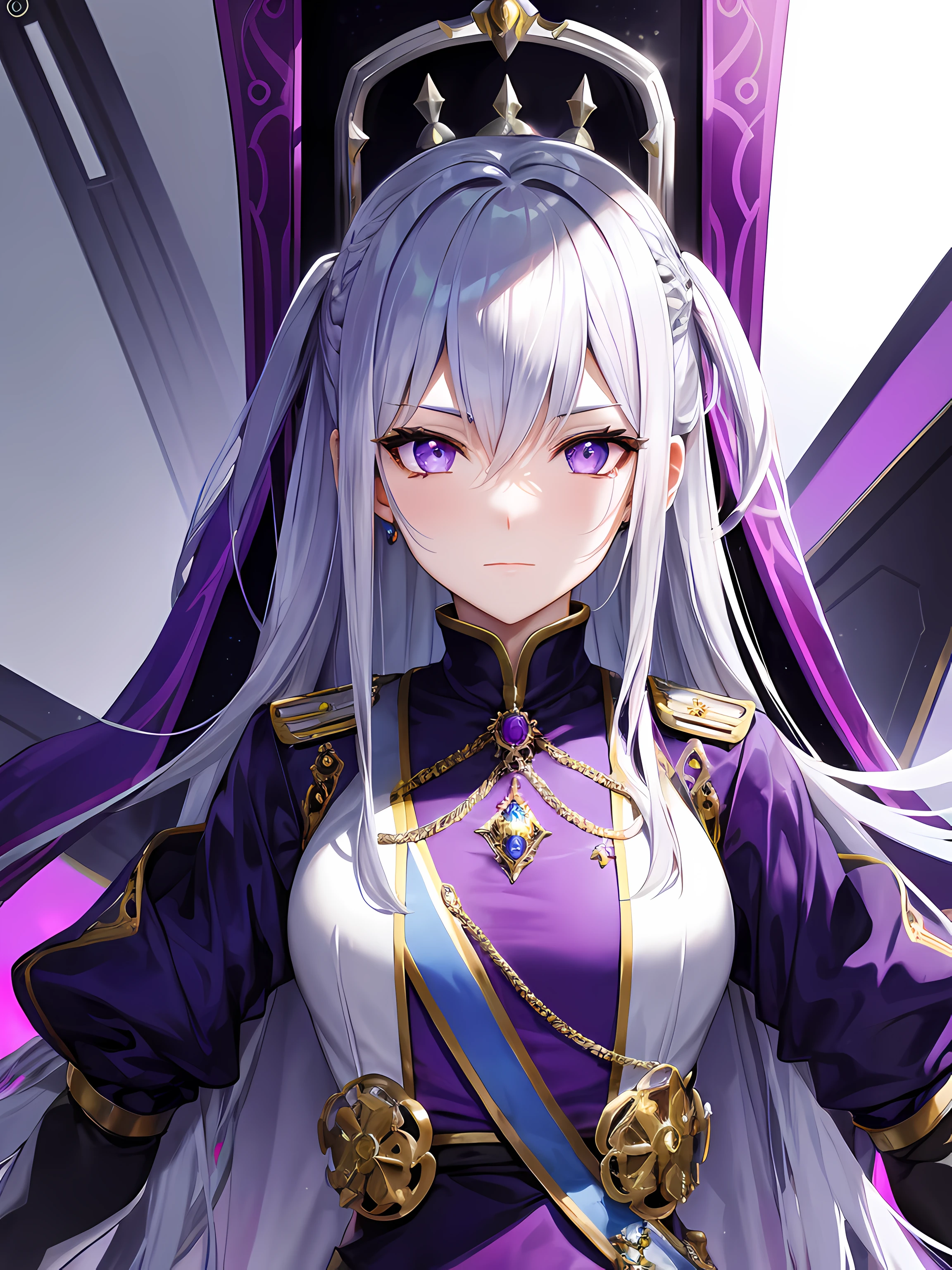 Empress, female, royal clothes, futuristic theme, sci-fi style, Portrait, silver hair, violet eyes, elegant pose