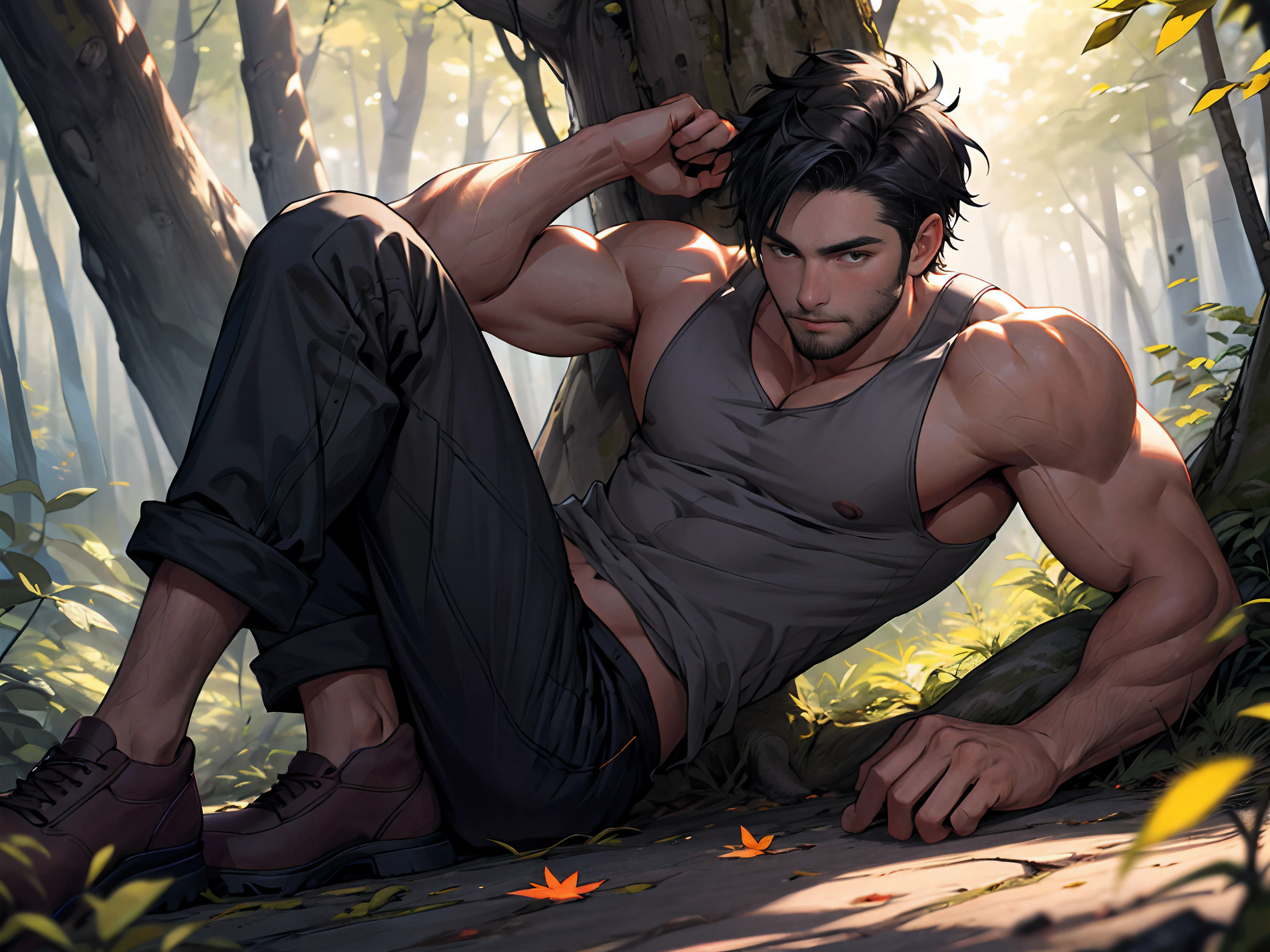 ((1boy)), male only,tank top,pulled pants, small penis , short black hair, stubble, muscular, detailed face, best quality, depth of field, sitting in forest, yellow leaves, fallen leaves, look at the viewer, sunshine, natural lights, detailed, masterpiece, detailed background, composition, farshot, full body view