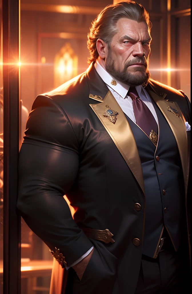 old man, bara,royal commander, thick body, slightly fat,ornate suit,long tie,white beard,handsome, sharp gaze, in cage,glowing red eyes, big bulge, standing, hands put behind hip, hd quality, masterpiece, extremely detailed, looking to the viewer, perspective view, UHD, 64k, unreal.(highly detailed skin), (detailed face), detailed background, dark lighting, twilight lighting, volumetric lighting, intricate details, UHD