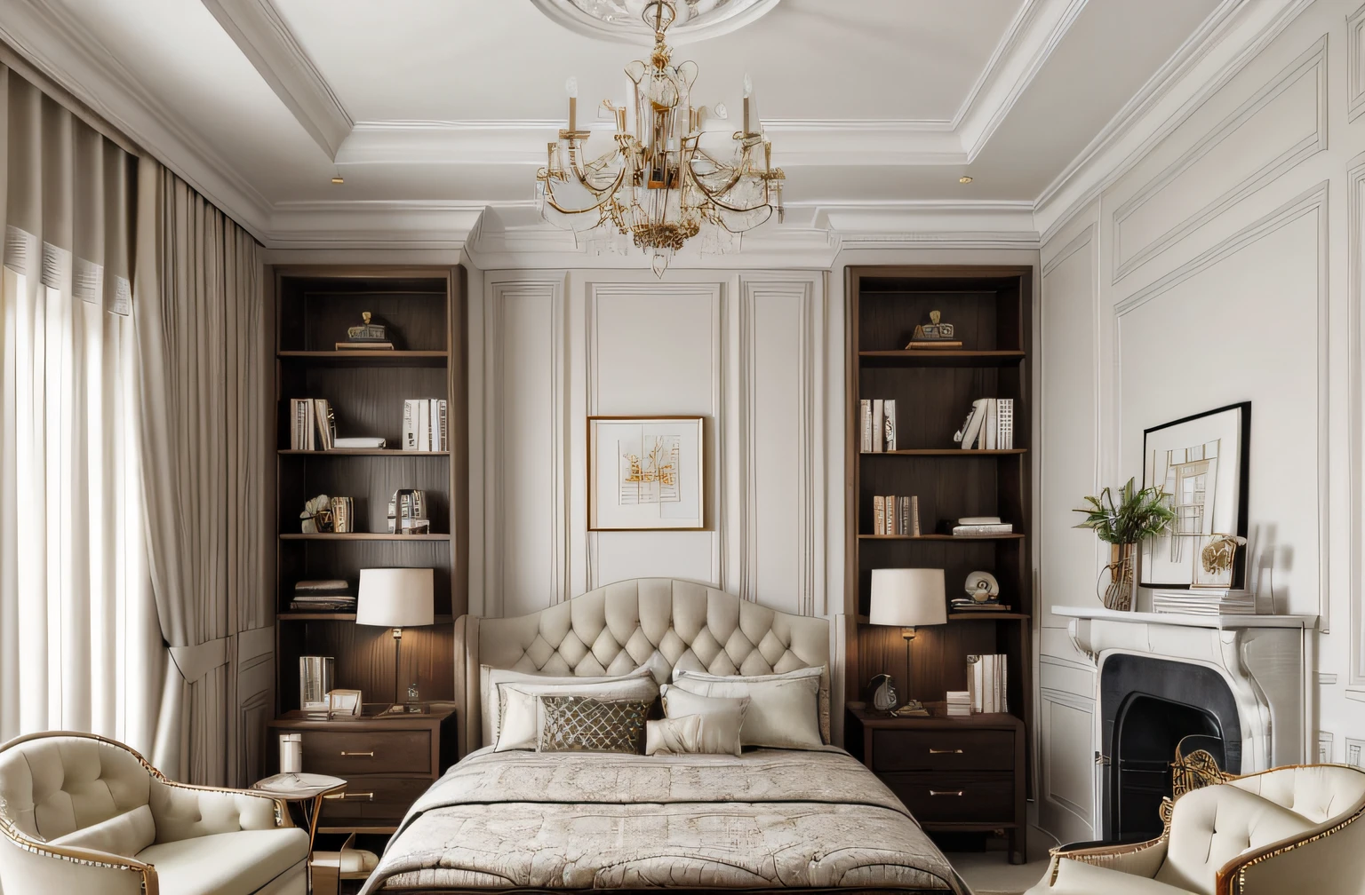 Bed room, well arranged livable space, homy, (bed:1.3), (bedside table:1.3), (armchairs:1.3), Traditional design, crown holding, emphasis on on symmetry and order, classic decor elements, chandeliers and bookcases, neutral colour schemes with pops of bold colours, jewel tones