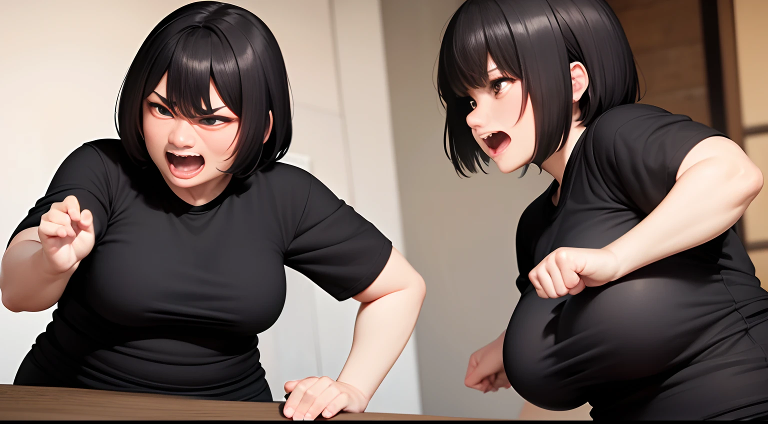 An ugly Chinese fat middle-aged woman in her forties, Wearing a black t-shirt and black hair,，In anger and rage.