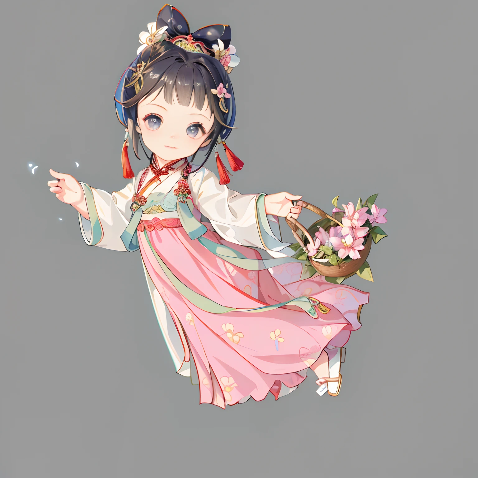 best qualityer，highly  detailed，tmasterpiece，ultra - detailed，独奏，one-girl，Q version style，full bodyesbian，，Chang'e rushes to the moon，Chang'e，Flying，Dunhuang Flying Sky，Chinese costumes，Hanfu，Traditional Chinese hair bun，（Elaborate Eyes），（full bodyesbian），（1girll），(Black eyes），brunette color hair ，long whitr hair ，Holding the rabbit，White rabbit，There was a woman flying in the sky, an ancient Chinese goddess, Princesa chinesa antiga, China Princess, Inspired by Lan Ying, Palace ， A girl in Hanfu, ancient chinese beauti, ancient asian dynasty princess, chinese empress, inspired by Shang Xi, Wearing ancient Chinese clothes, Anime girl wearing pink dress，Holding a basket of flowers, Palace ， A girl in Hanfu, Guviz, Guviz-style artwork, Princesa chinesa antiga, high quality character design, Wearing ancient Chinese clothes, China Princess, with acient chinese clothes, cute character, ancient asian dynasty princess, trending on cgstation, author：Qu Leilei