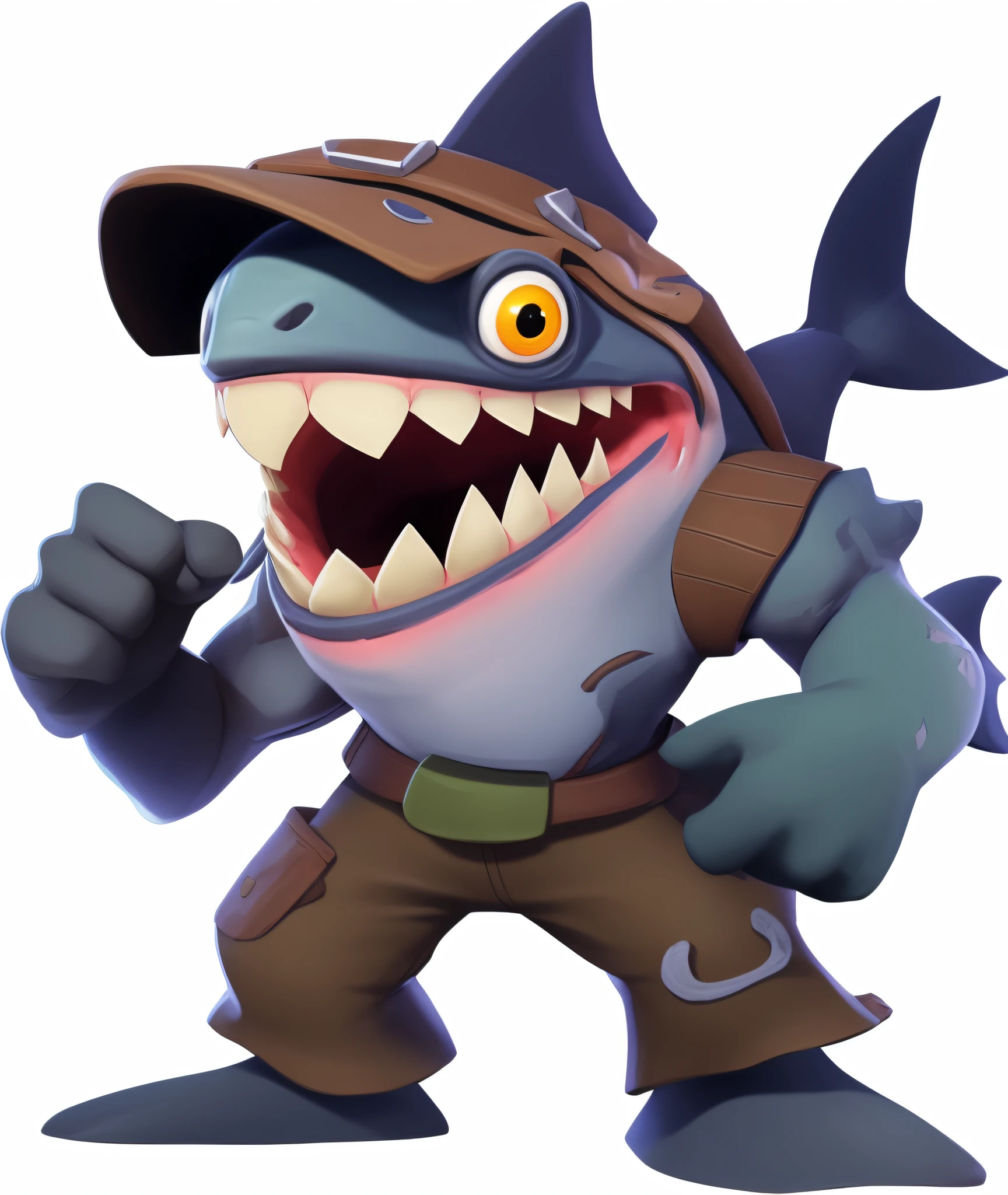 European and American cartoon style，hand painted style，Brush stroke，Cartoon Shark，With a hat and a knife in his hand, anthropomorphic shark, murloc tinyfin, shark anthony, shark man, shark, Official Splash Art, splashcreen character art, very stylized, splash art brawlstars, merged character, Official artwork, clash royal style characters, megalodon, goblin