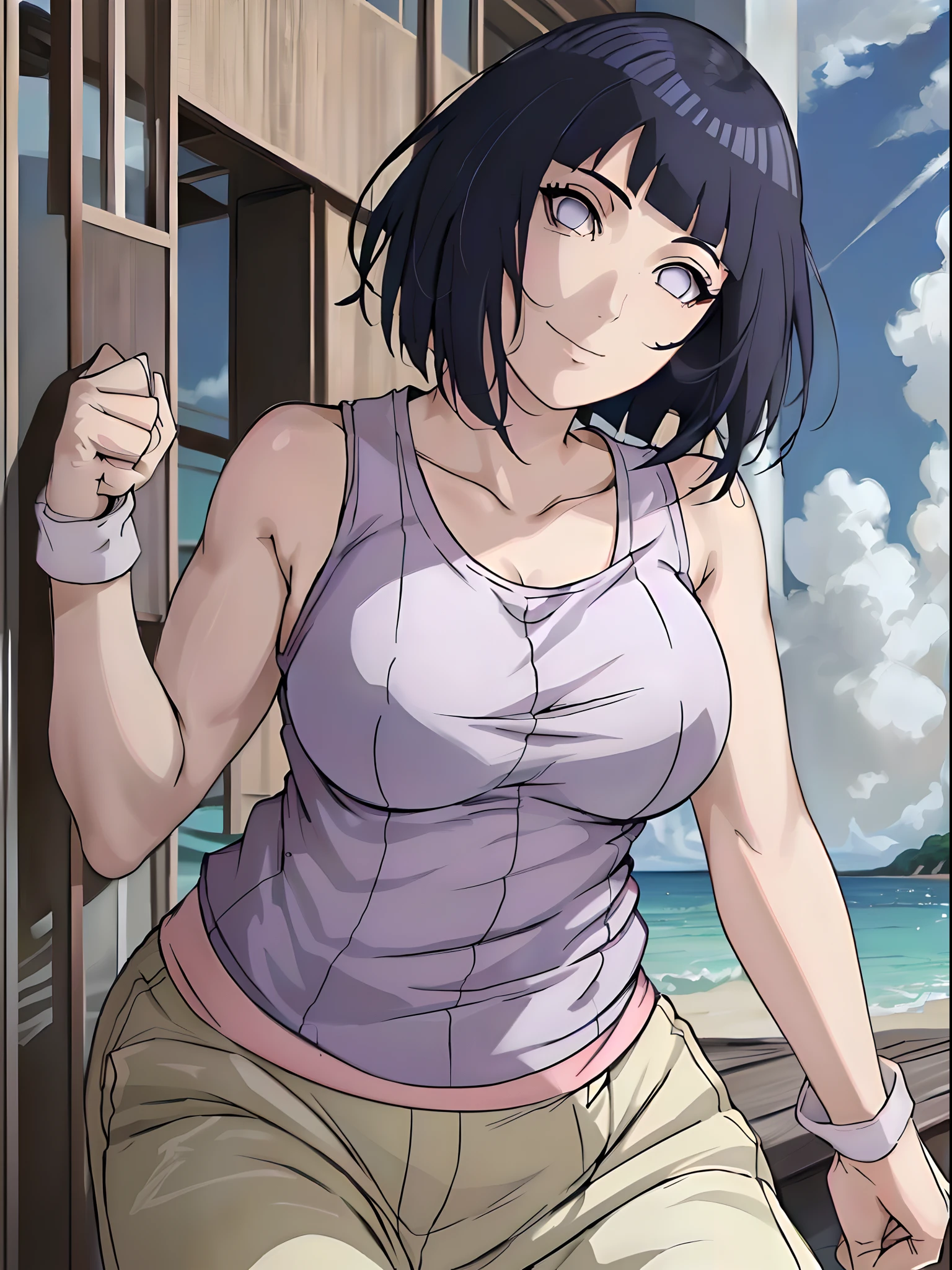 (WALLPAPER, (hinata\(boruto\), (white pants), masterpiece, 4k, vector coloring, whole body shot, (high color saturation), contrast lighting, mature female, (curvy:0.8), solo, anime style, sharp focus, professional artwork, intricate details, colorful, vibrant colors, vivid colors, digital blending, ultra detailed body, ultra detail hair, ultra detail face, trending on pixiv, very hot colors, (((beach background, outdoors))), detailed bold arm lines, high color saturation, bold lines, bold drawing lines),
(((running)), (head tilt), closed mouth, kind smile, extremely happy),
((dark blue hair color:1.1), wavy hair, ((short hair, hime cut)),
(perfect eyes, white sciera, bright eyes, white eyes, anime eyes, smoky eyeliner, eyeshadow)
(white skin, (fair skin), slender body, milf, perfect face),
(legs, big breasts, off-shoulders, (detailed shoulders, biceps lines)),
(bare shoulders, bare legs, (closed fists),
(((white tank top))))